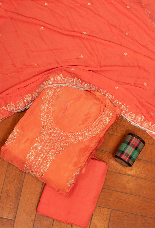 Orange Embroidered Unstitched Dress Material with Dupatta