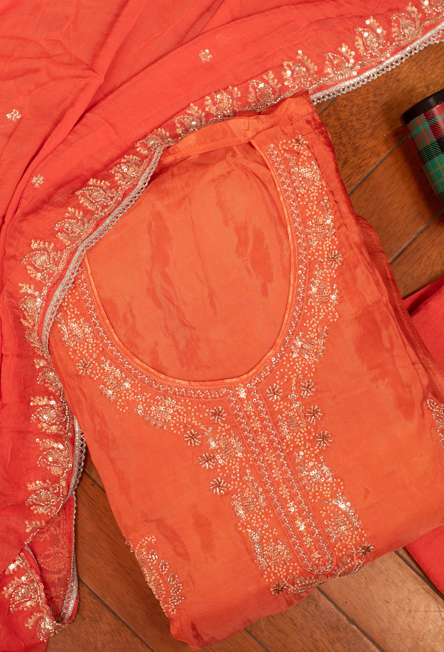 Orange Embroidered Unstitched Dress Material with Dupatta