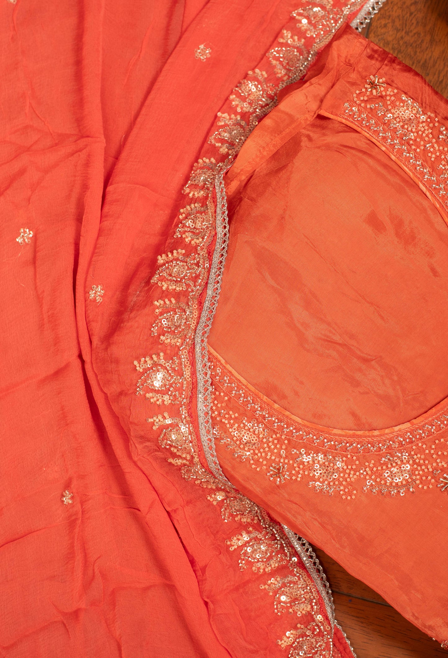 Orange Embroidered Unstitched Dress Material with Dupatta