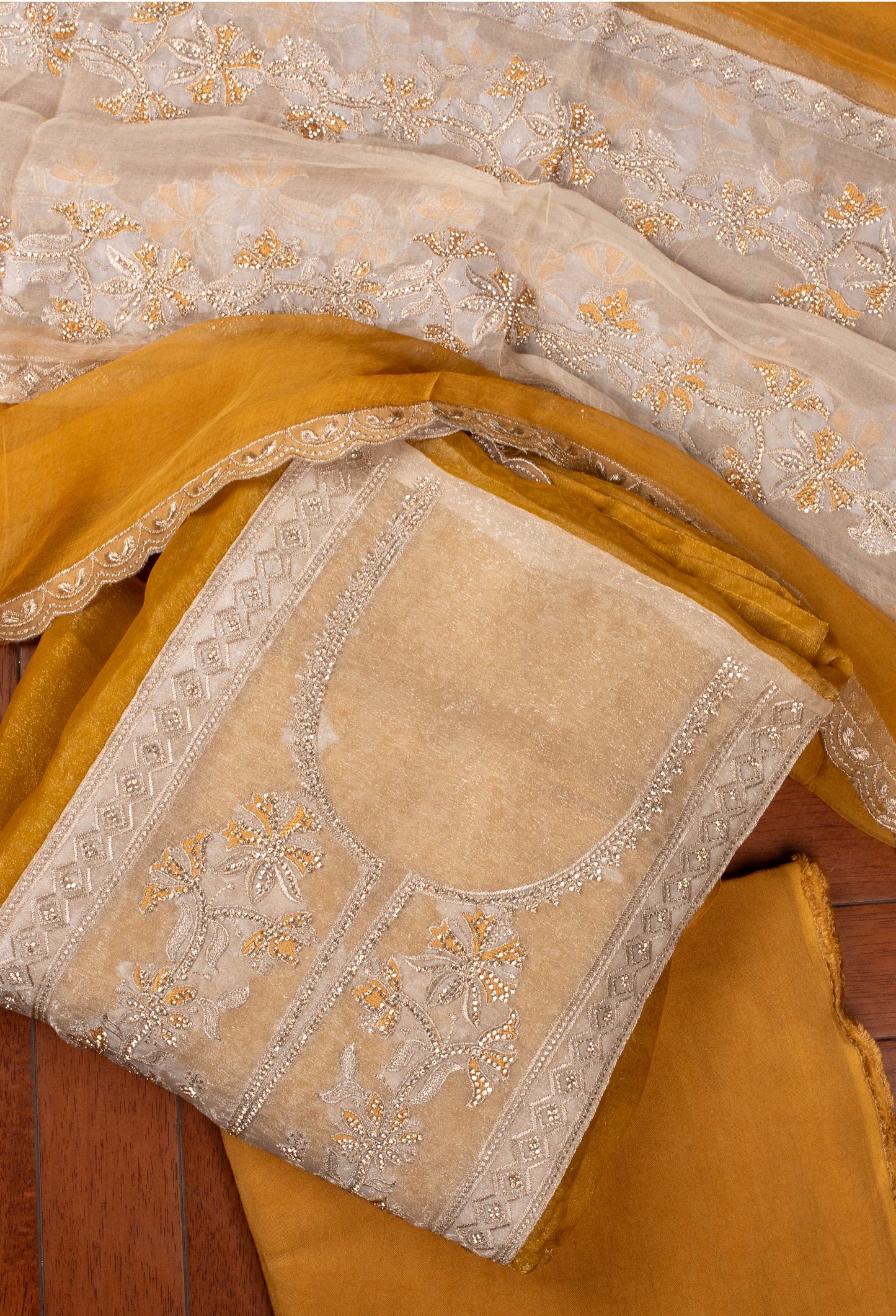 Golden & Cream Embroidered Unstitched Dress Material with Designer Dupatta – Festive Wear