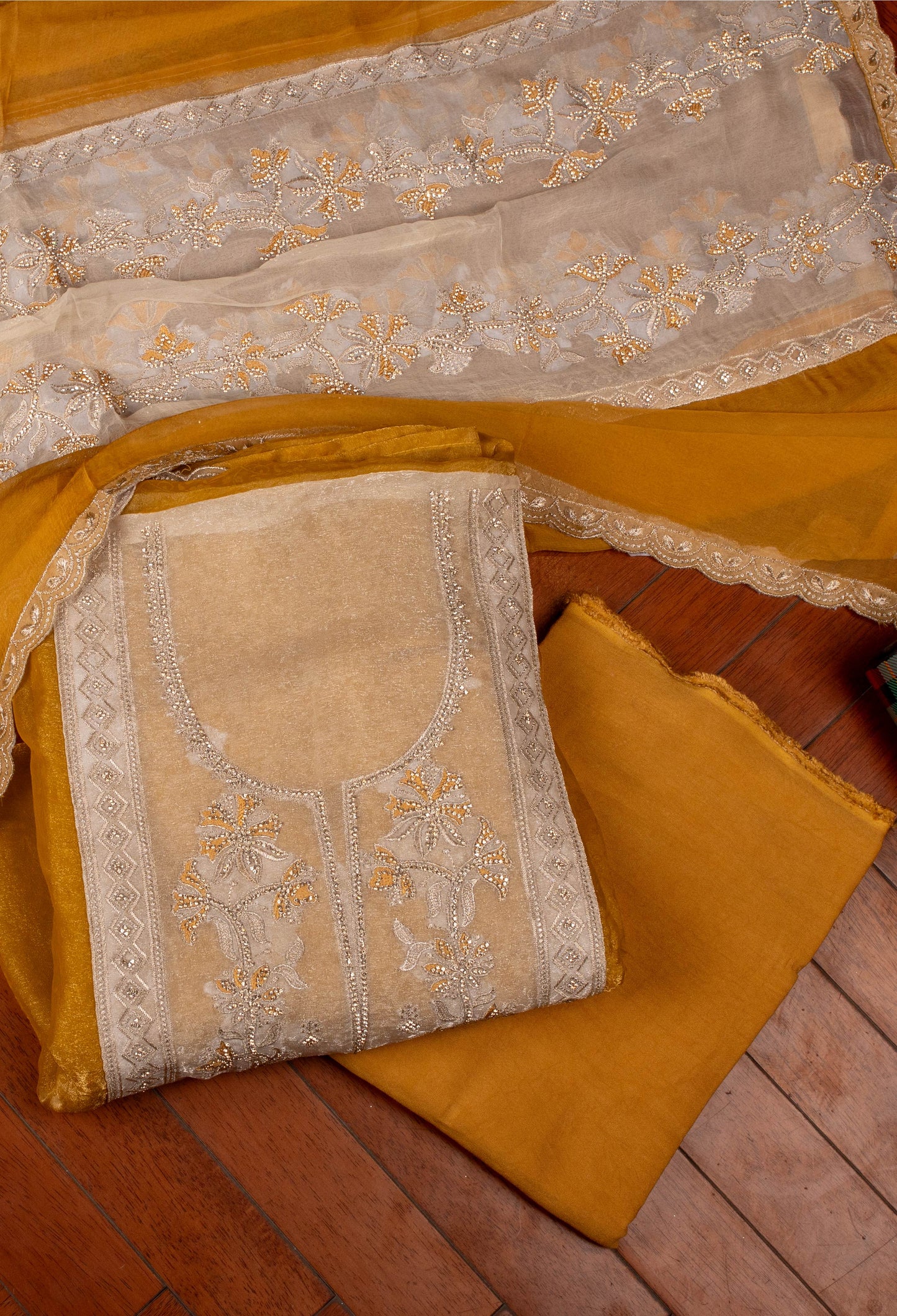 Golden & Cream Embroidered Unstitched Dress Material with Designer Dupatta – Festive Wear
