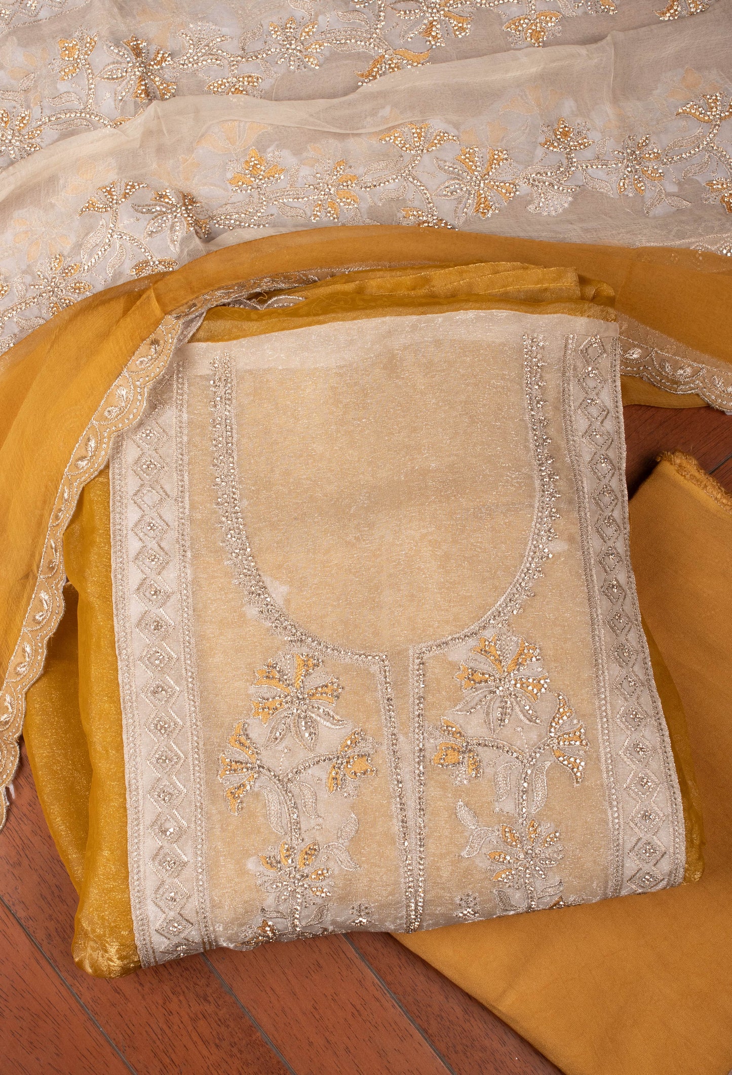 Golden & Cream Embroidered Unstitched Dress Material with Designer Dupatta – Festive Wear