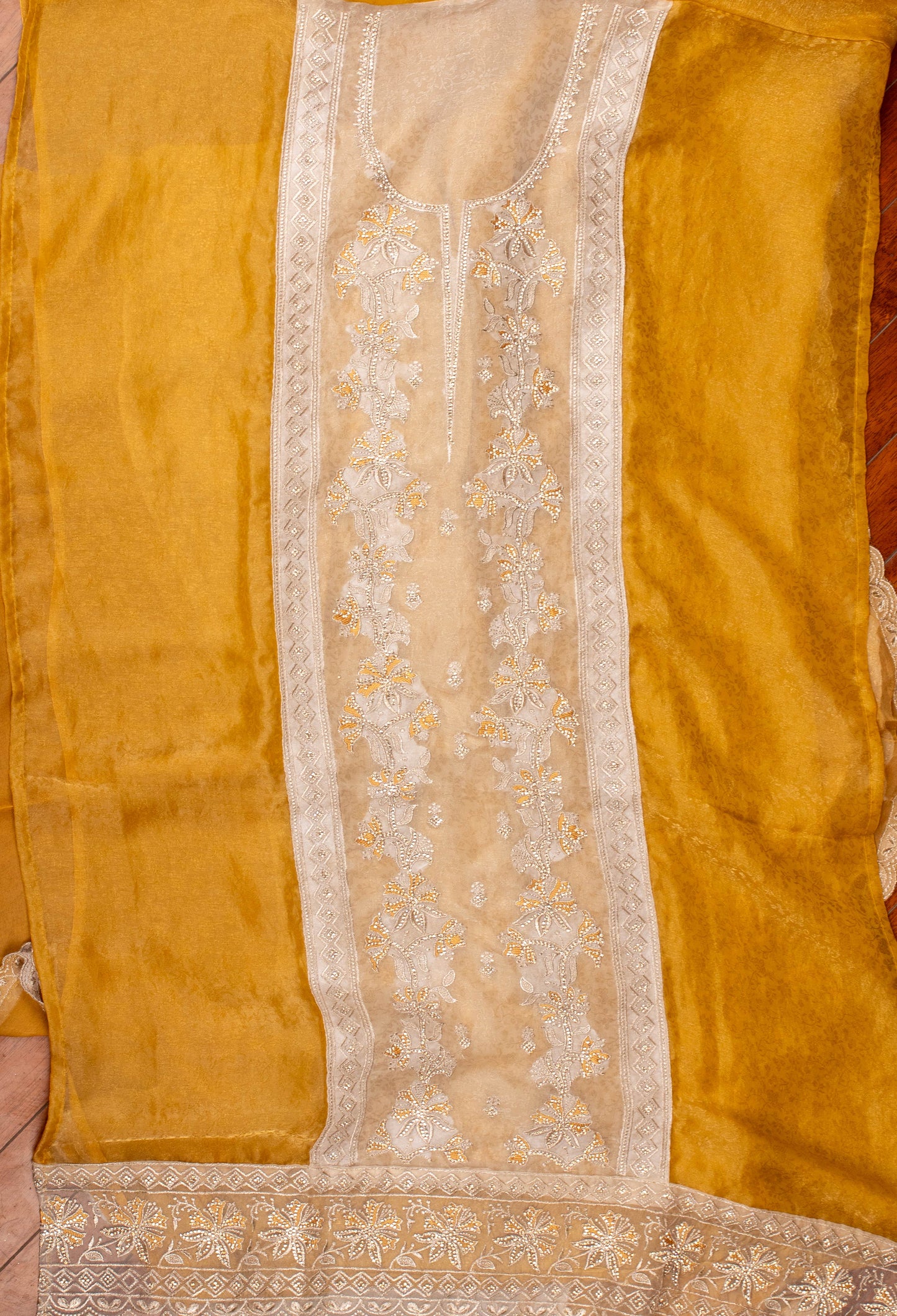 Golden & Cream Embroidered Unstitched Dress Material with Designer Dupatta – Festive Wear