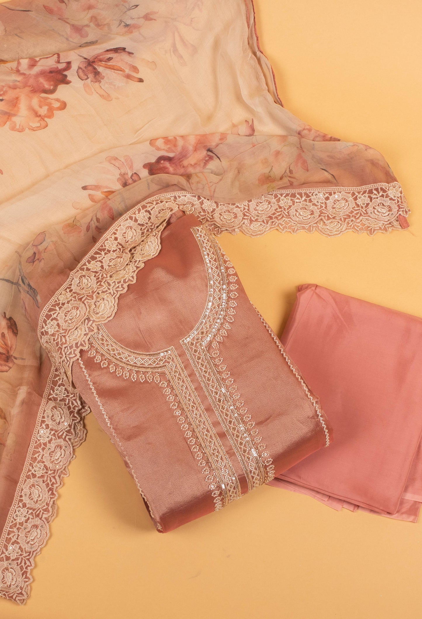 Peach Floral Embroidered Unstitched Dress Material with Lace Dupatta