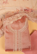 Peach Floral Embroidered Unstitched Dress Material with Lace Dupatta