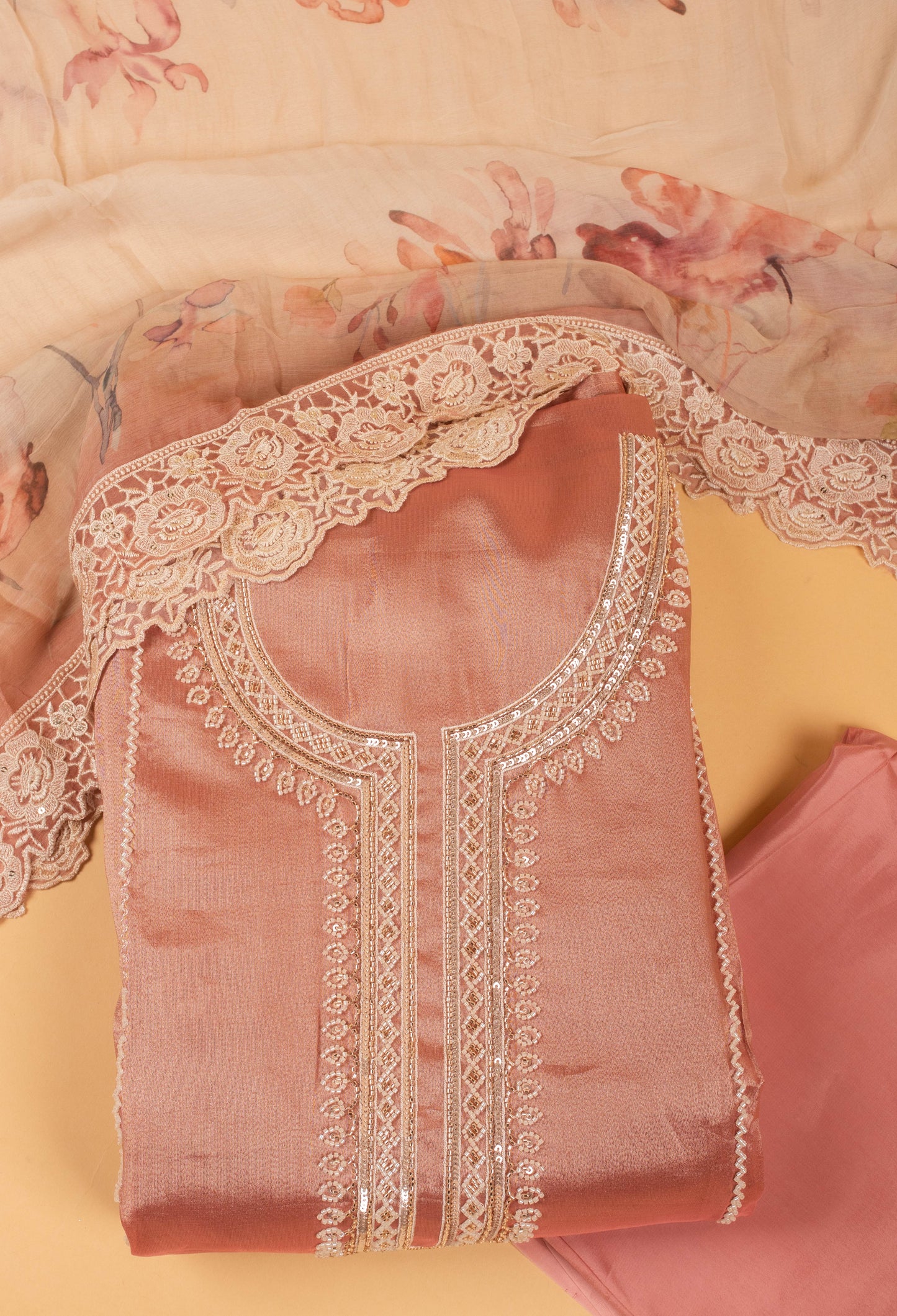 Peach Floral Embroidered Unstitched Dress Material with Lace Dupatta