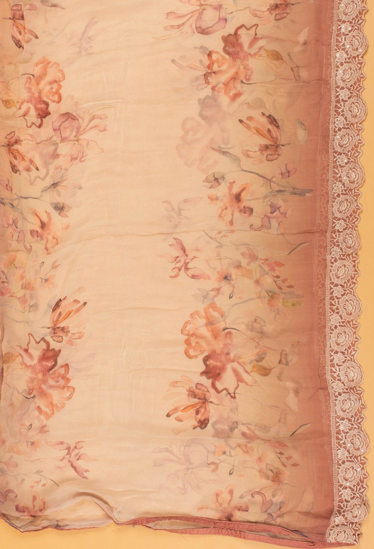 Peach Floral Embroidered Unstitched Dress Material with Lace Dupatta