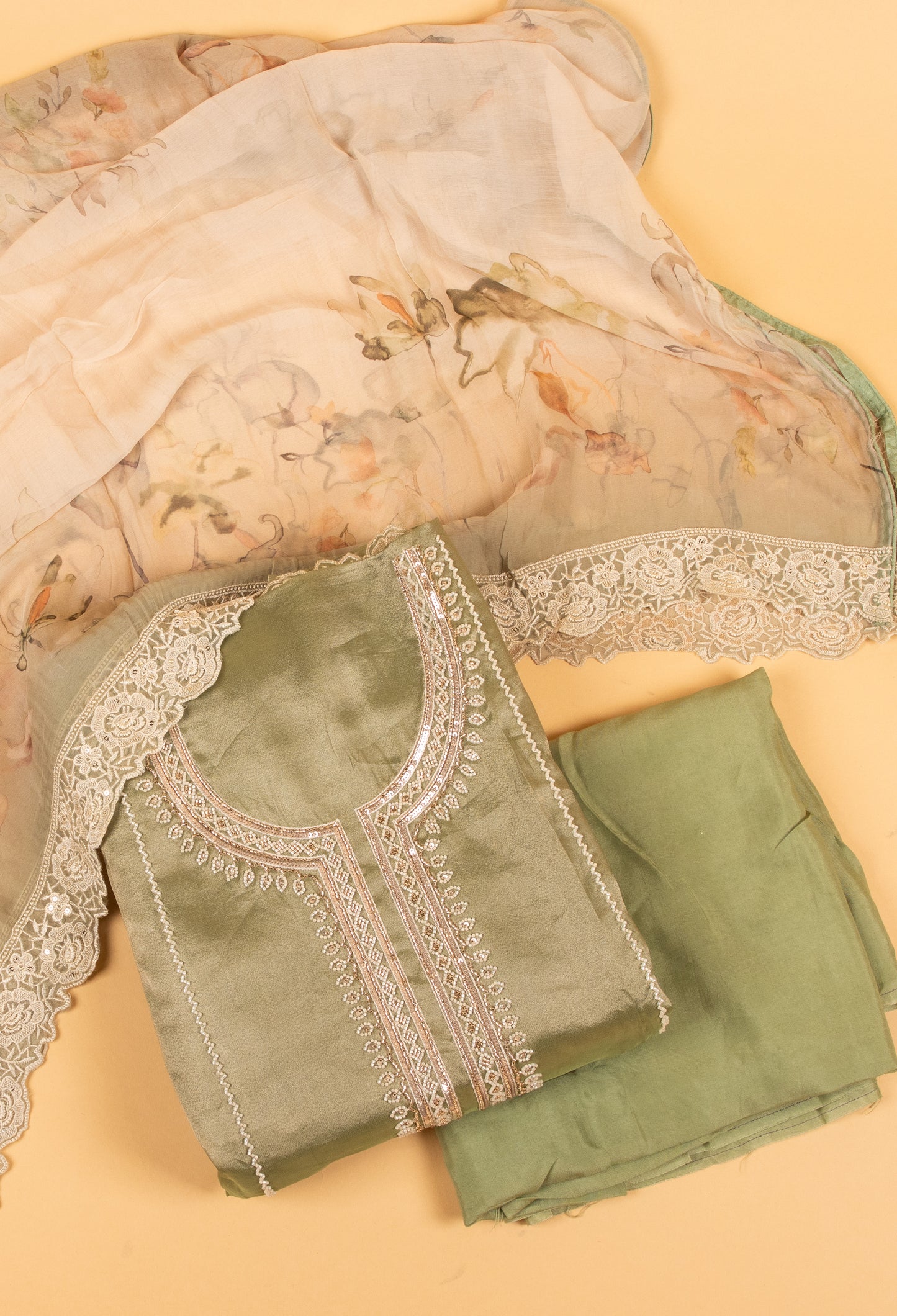 Sage Green Embroidered Unstitched Dress Material with Lace Dupatta