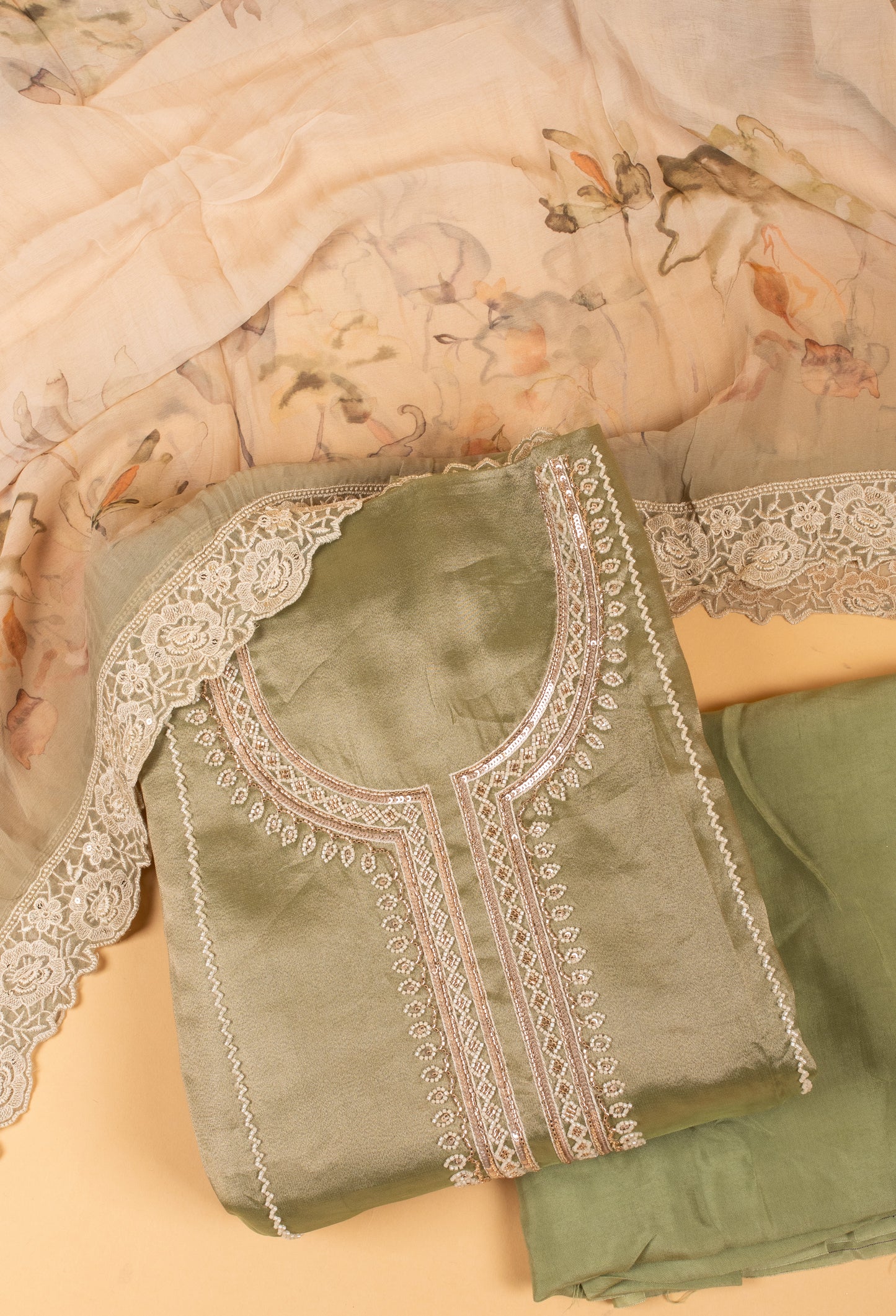 Sage Green Embroidered Unstitched Dress Material with Lace Dupatta