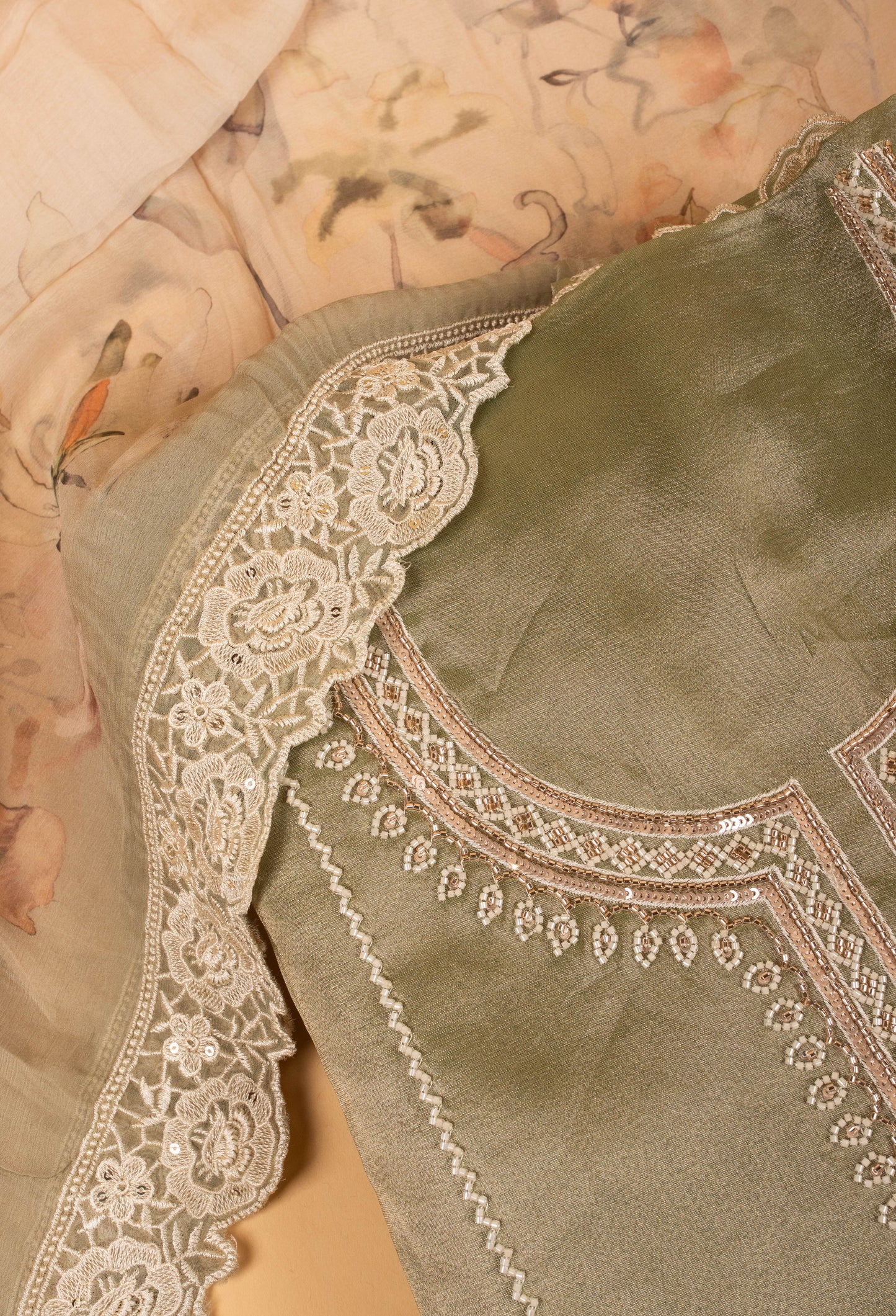 Sage Green Embroidered Unstitched Dress Material with Lace Dupatta