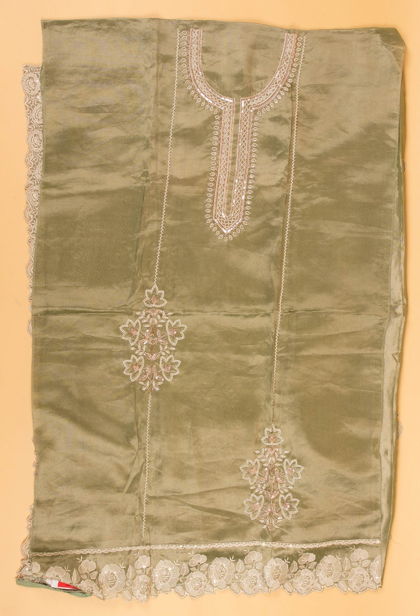 Sage Green Embroidered Unstitched Dress Material with Lace Dupatta