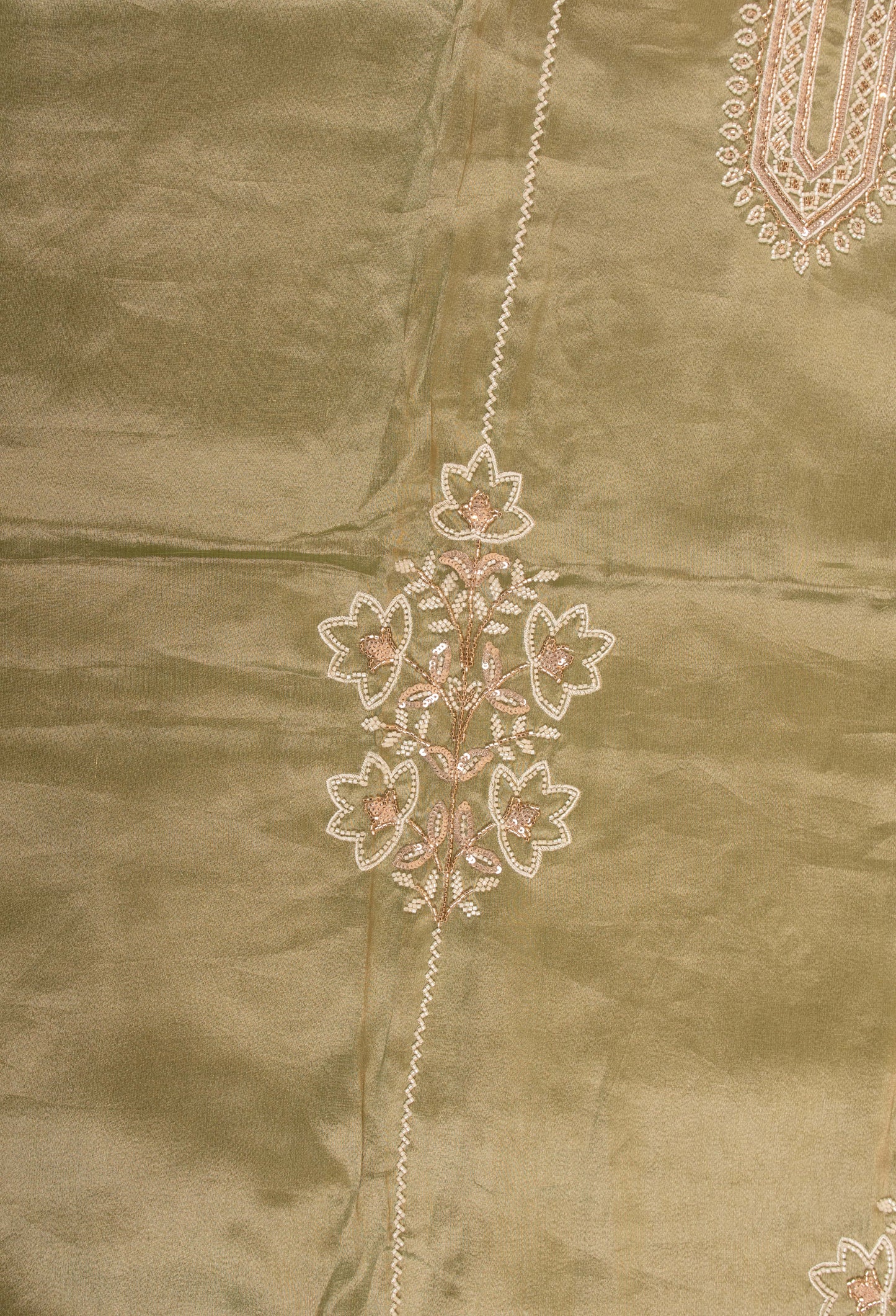 Sage Green Embroidered Unstitched Dress Material with Lace Dupatta