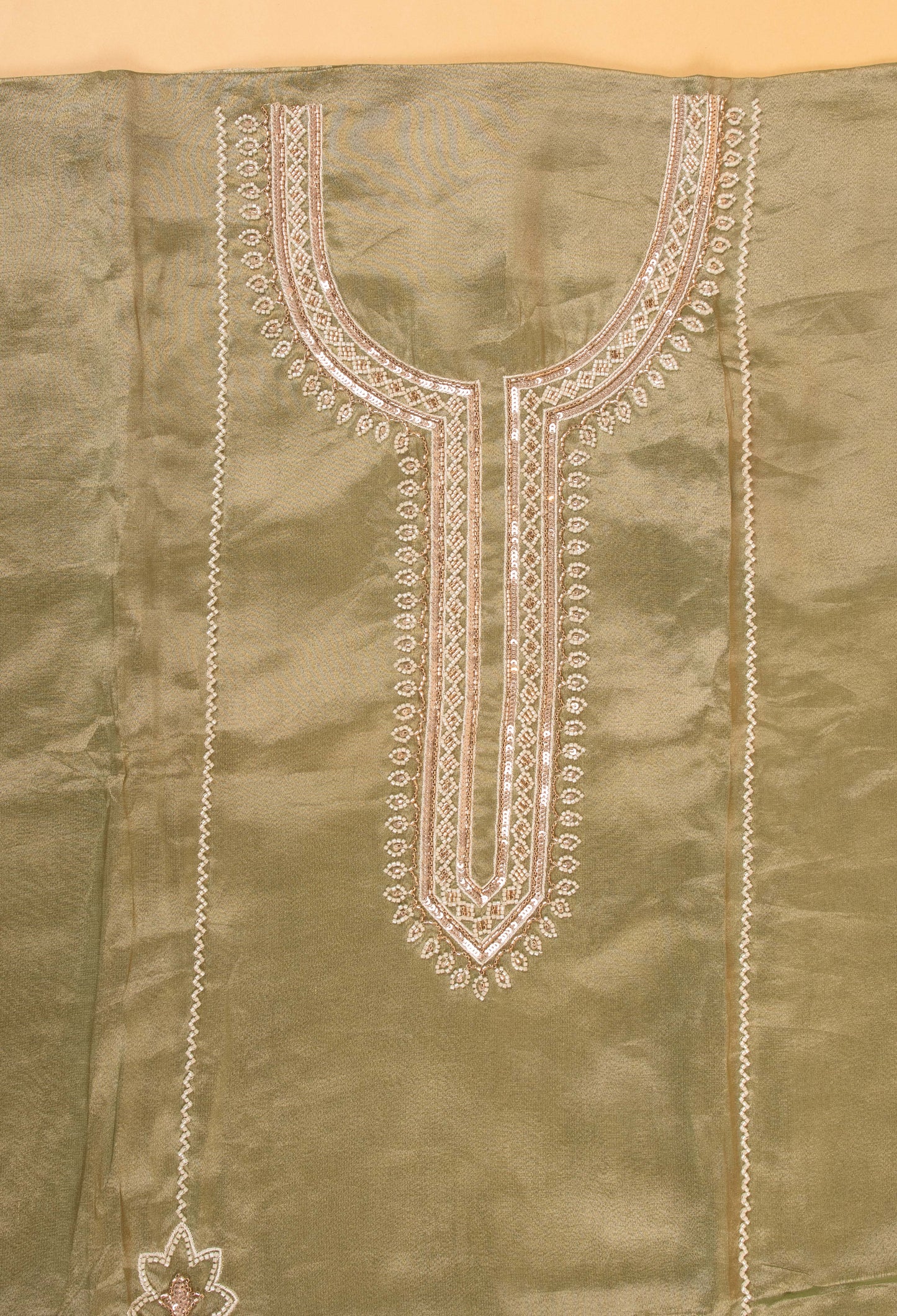 Sage Green Embroidered Unstitched Dress Material with Lace Dupatta