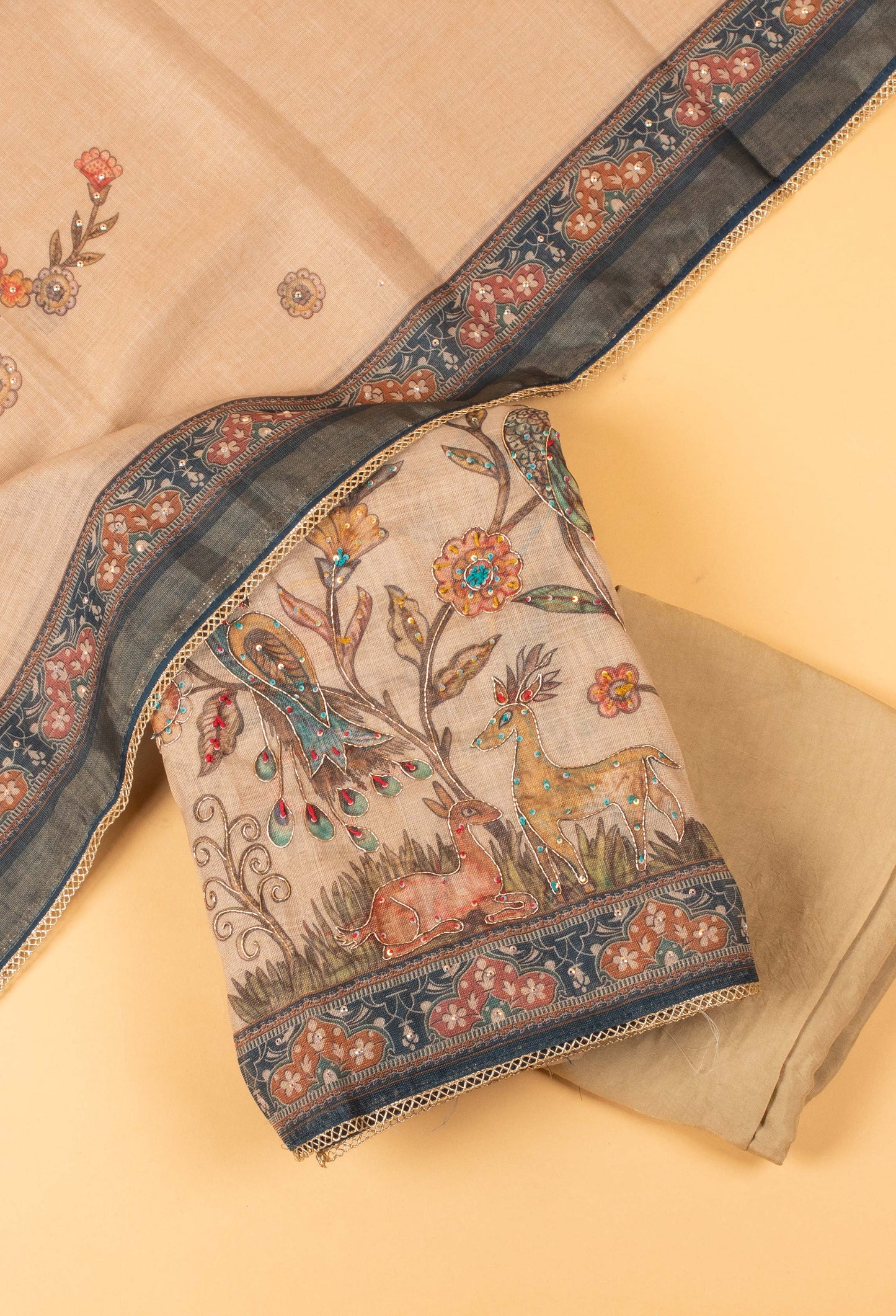 Beige Handcrafted Embroidered Unstitched Dress Material with Printed Dupatta
