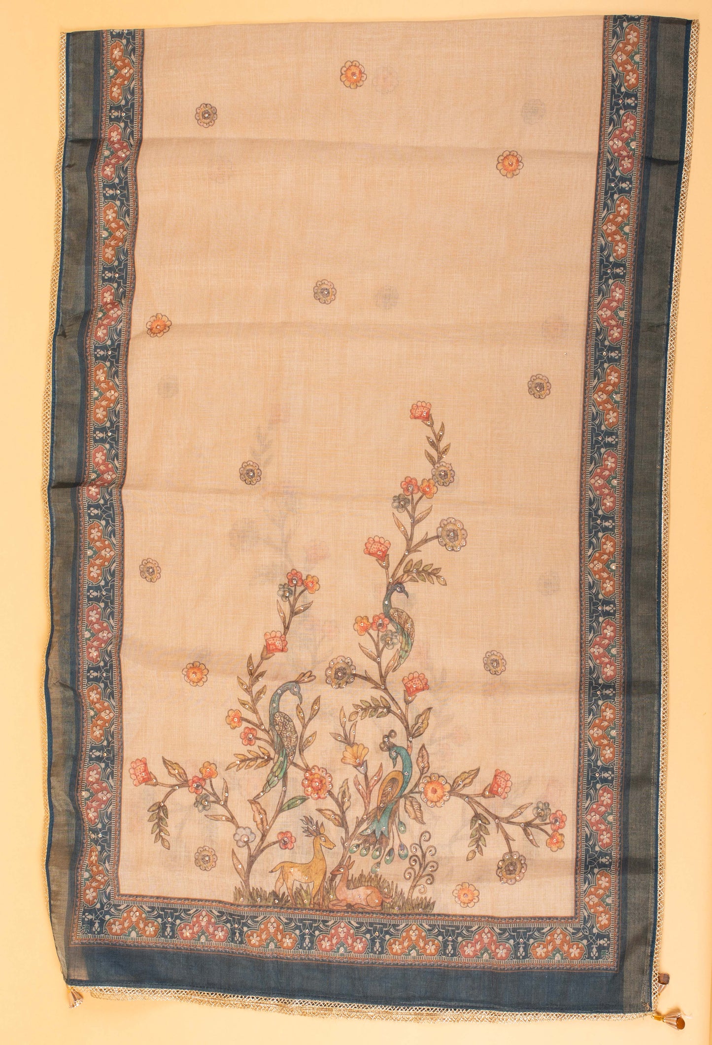 Beige Handcrafted Embroidered Unstitched Dress Material with Printed Dupatta