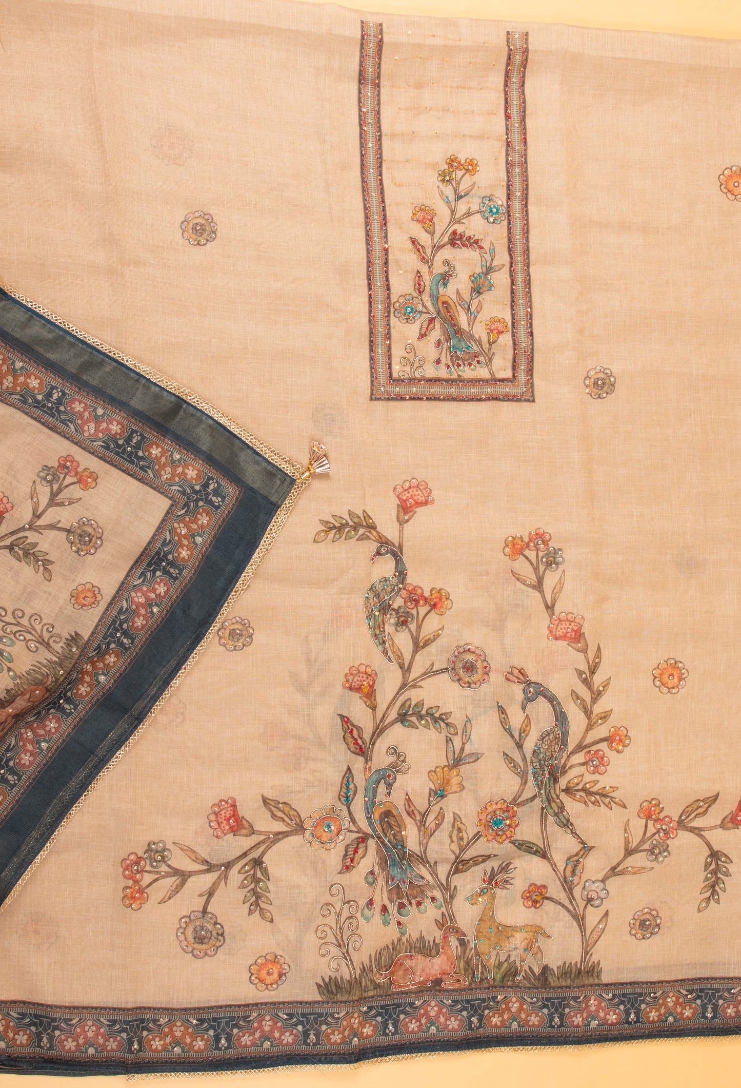Beige Handcrafted Embroidered Unstitched Dress Material with Printed Dupatta