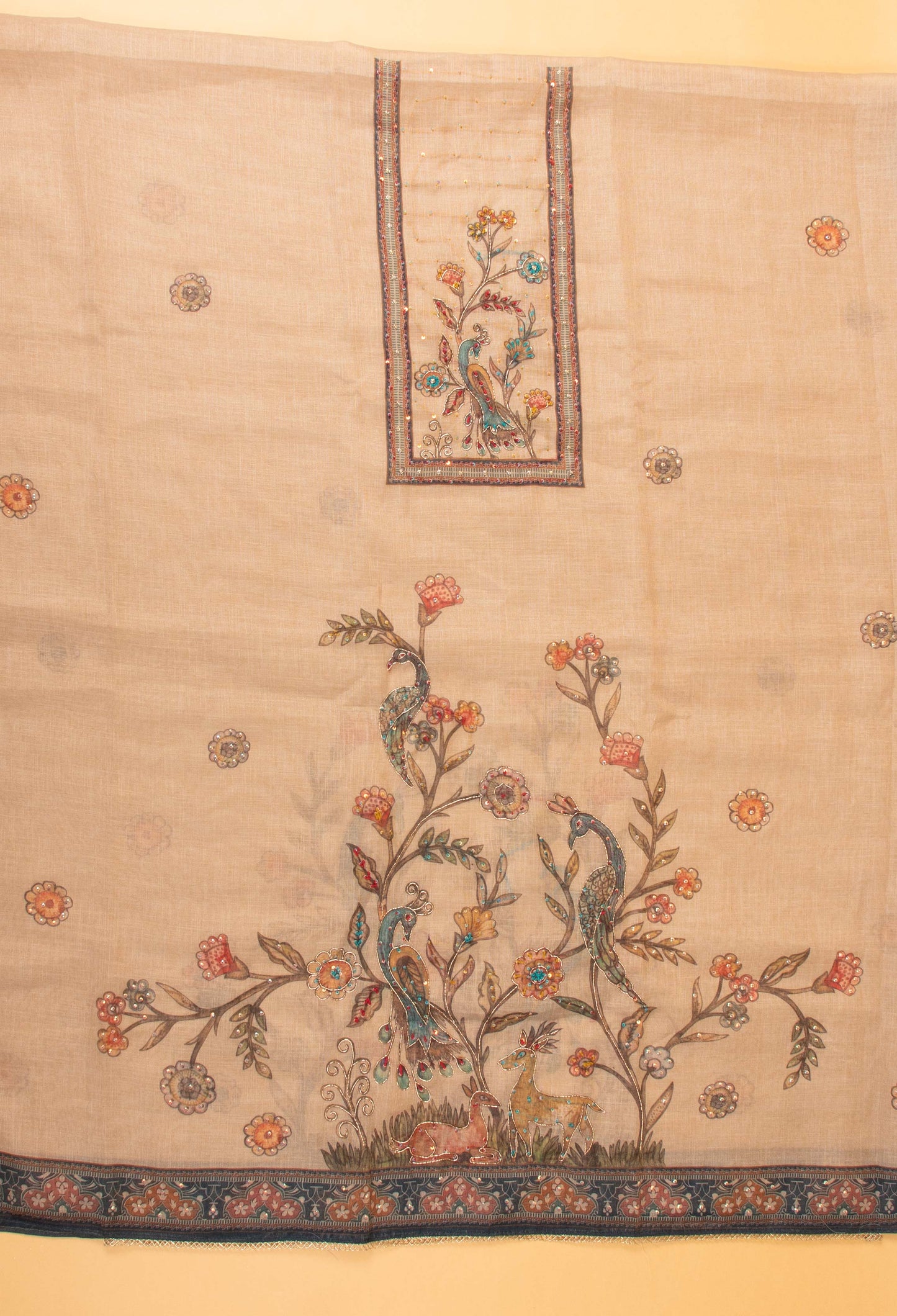 Beige Handcrafted Embroidered Unstitched Dress Material with Printed Dupatta