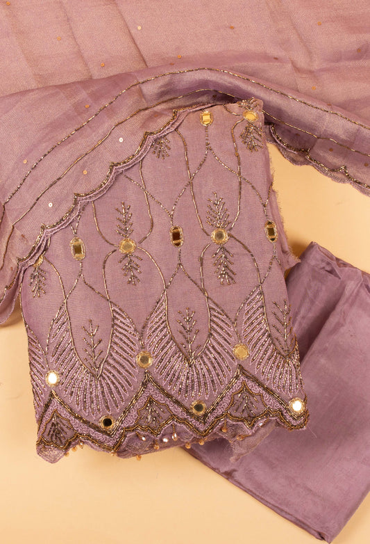 Lavender embroidered unstitched dress material with bottom and dupatta – product image 2