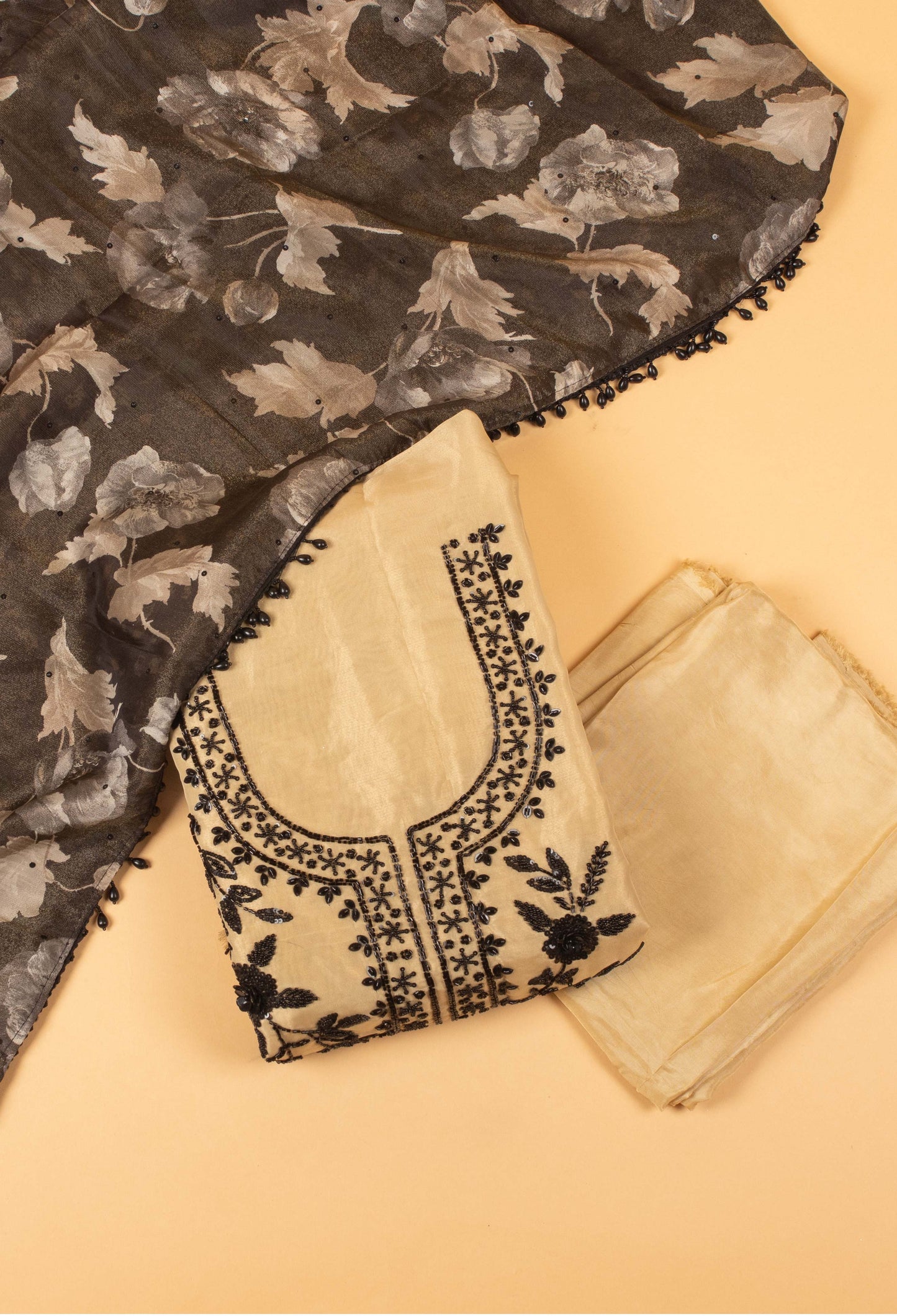 Cream Embroidered Unstitched Dress Material with Floral Printed Dupatta – Festive Wear