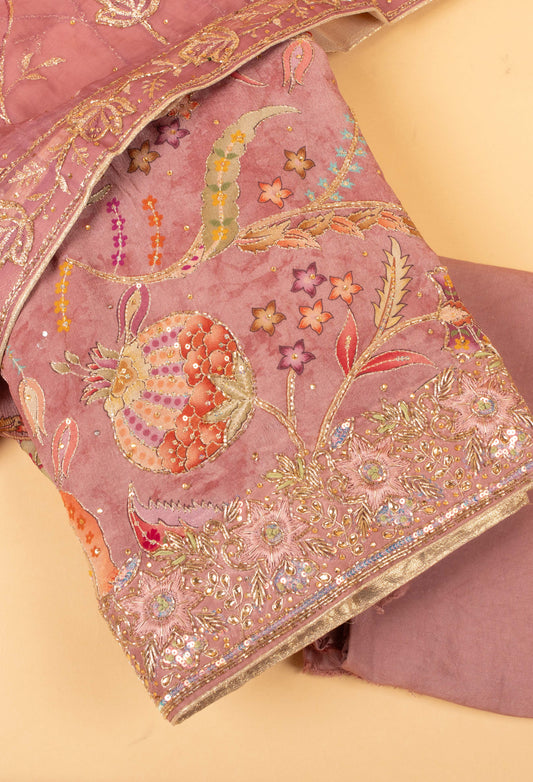 Pastel pink floral embroidered unstitched dress material with dupatta – product image 2