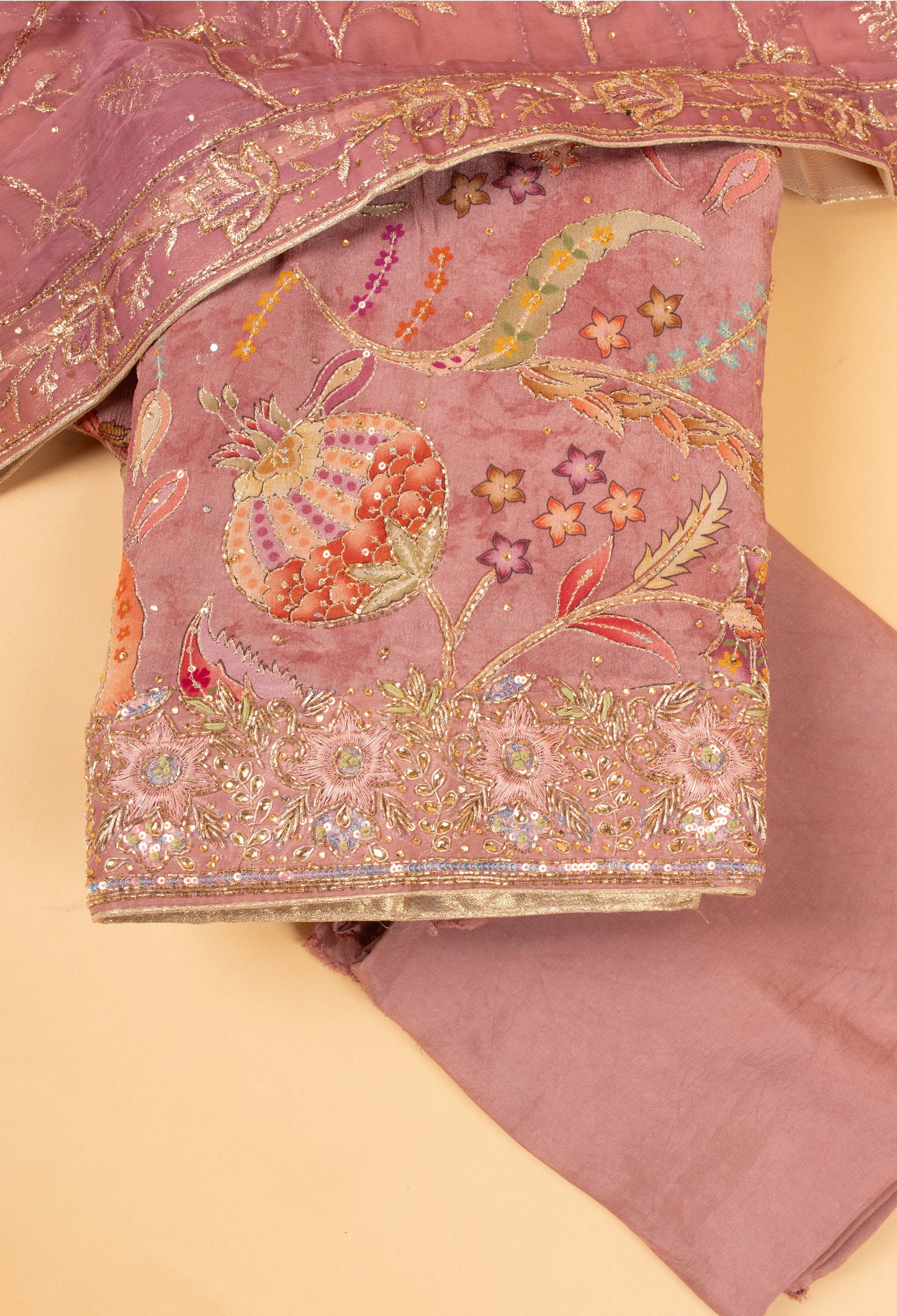 Pastel Pink Floral Embroidered Unstitched Dress Material with Dupatta