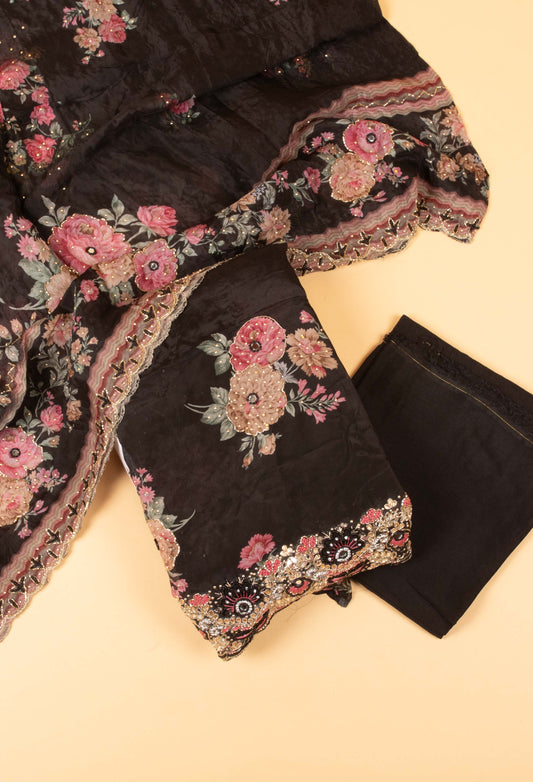 Black Floral Embroidered Unstitched Dress Material with Dupatta( 184-901 )