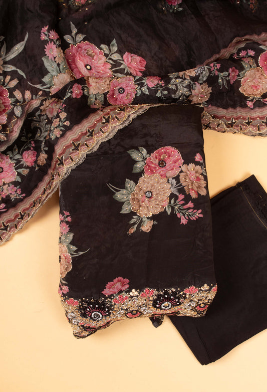 Black floral embroidered unstitched dress material with dupatta – product image 2