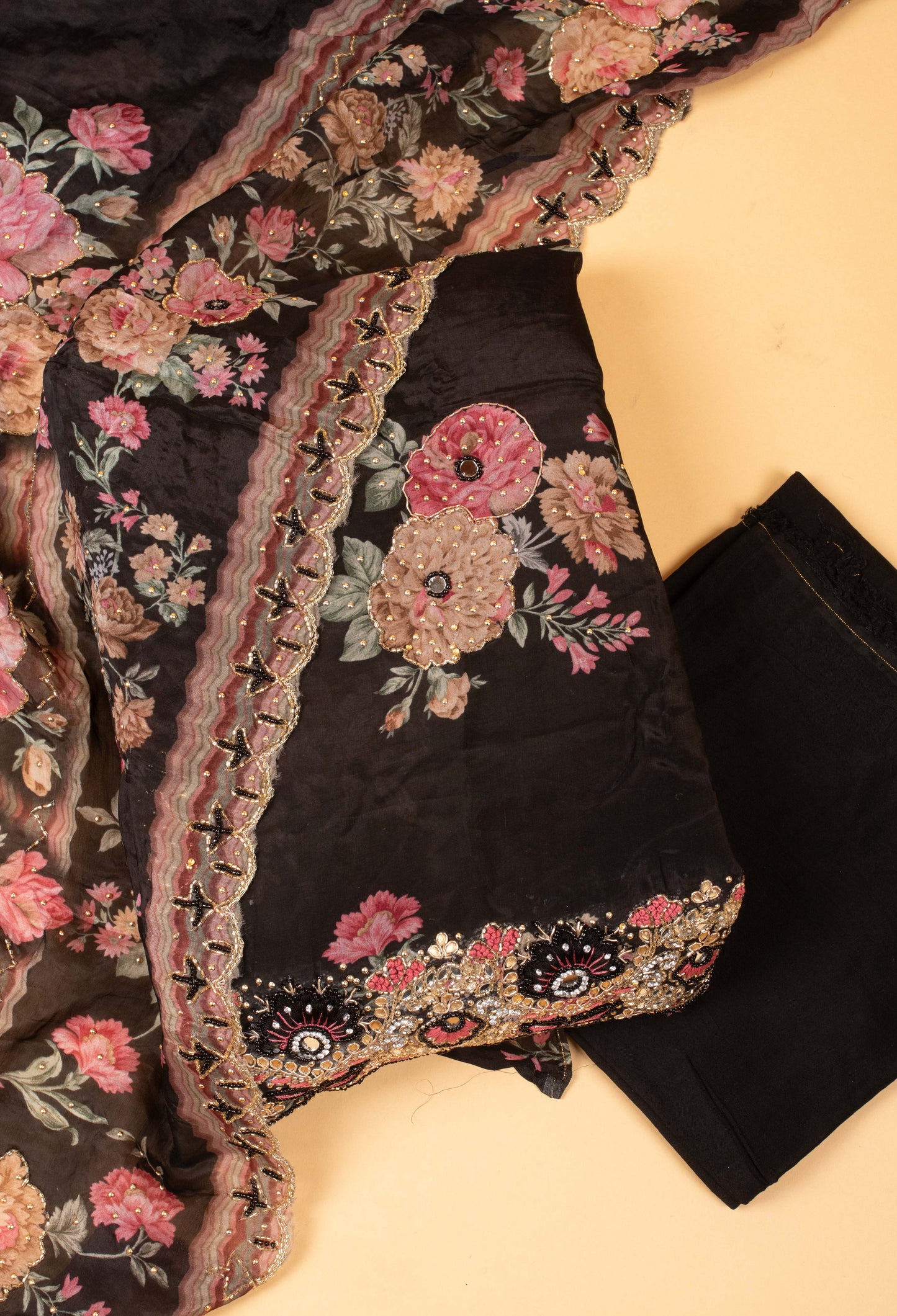 Black Floral Embroidered Unstitched Dress Material with Dupatta