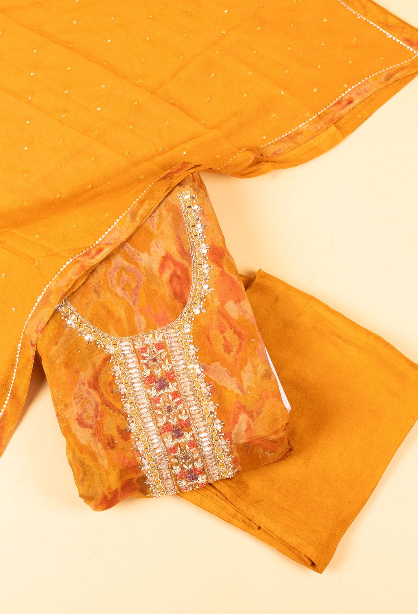 Mustard Yellow Embroidered Unstitched Dress Material with Dupatta