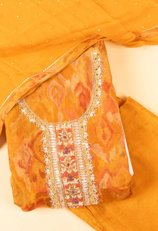 Mustard yellow embroidered unstitched dress material with dupatta – product image 2