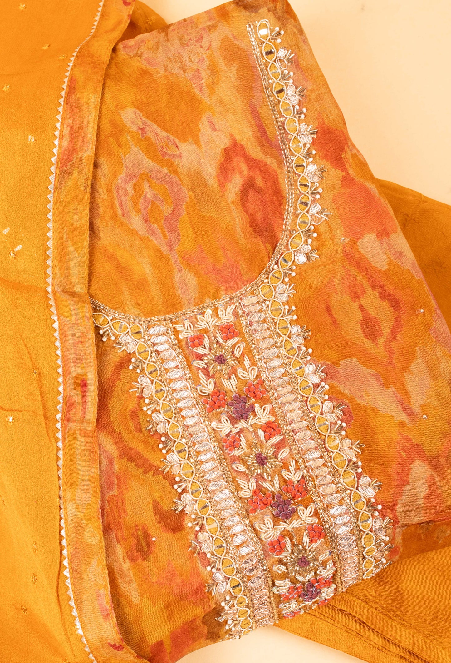 Mustard Yellow Embroidered Unstitched Dress Material with Dupatta