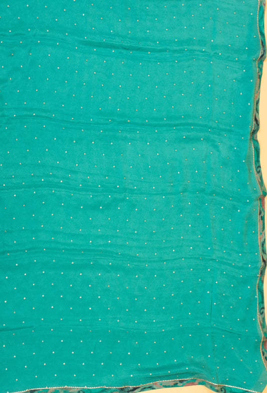 Teal green embroidered unstitched dress material with dupatta – product view 2