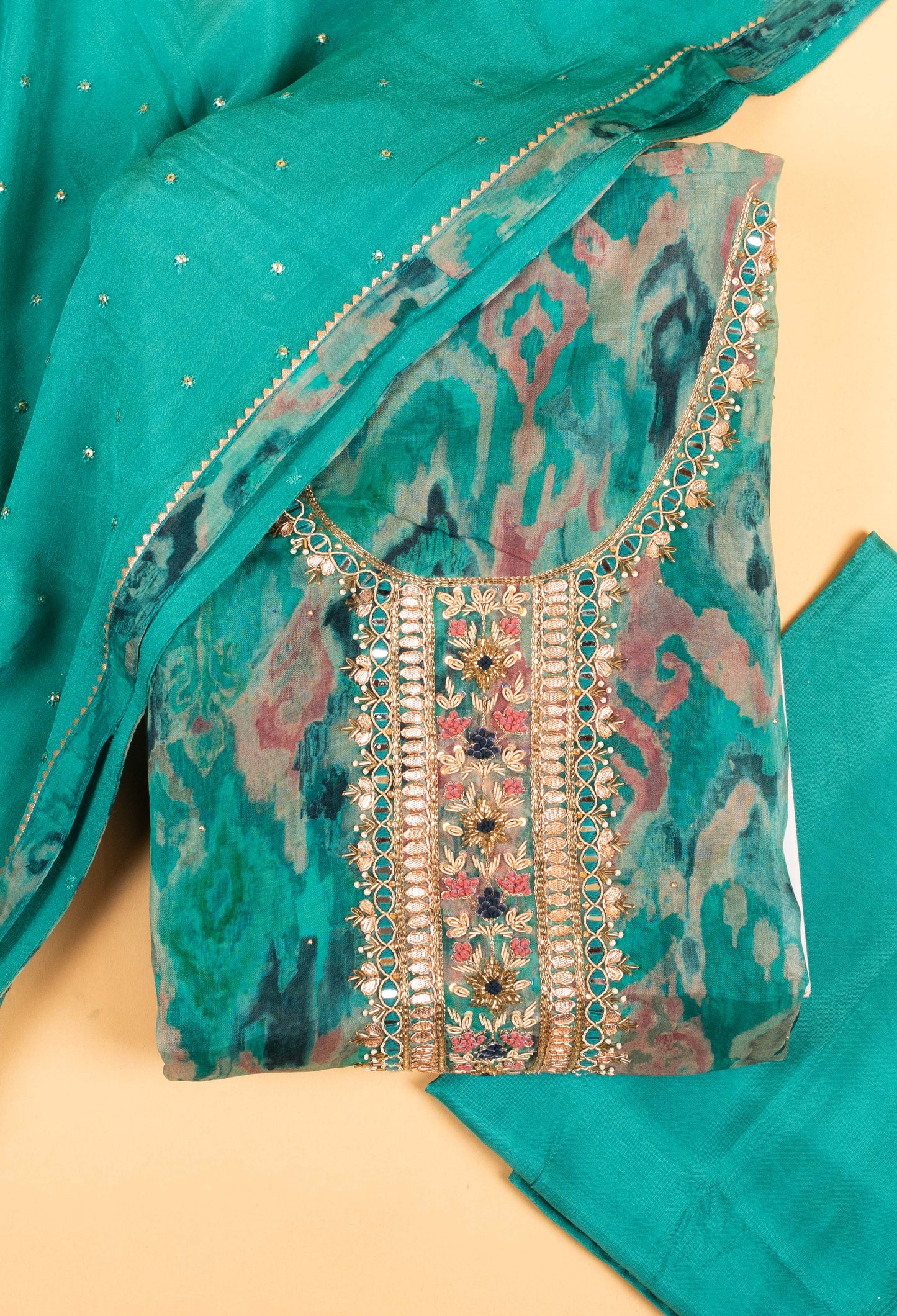Teal Green Embroidered Unstitched Dress Material with Dupatta