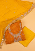 Yellow Striped Embroidered Unstitched Dress Material with Dupatta