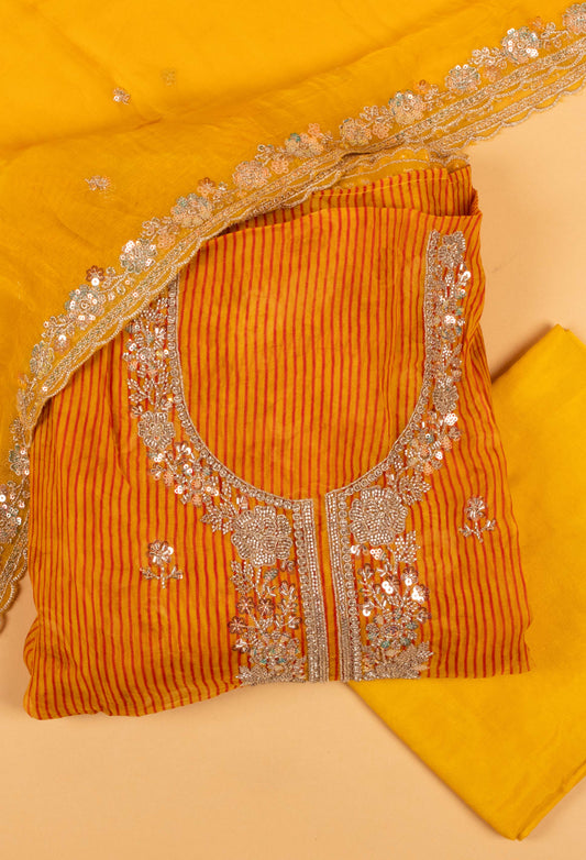 Yellow striped embroidered unstitched dress material with dupatta – product image 2