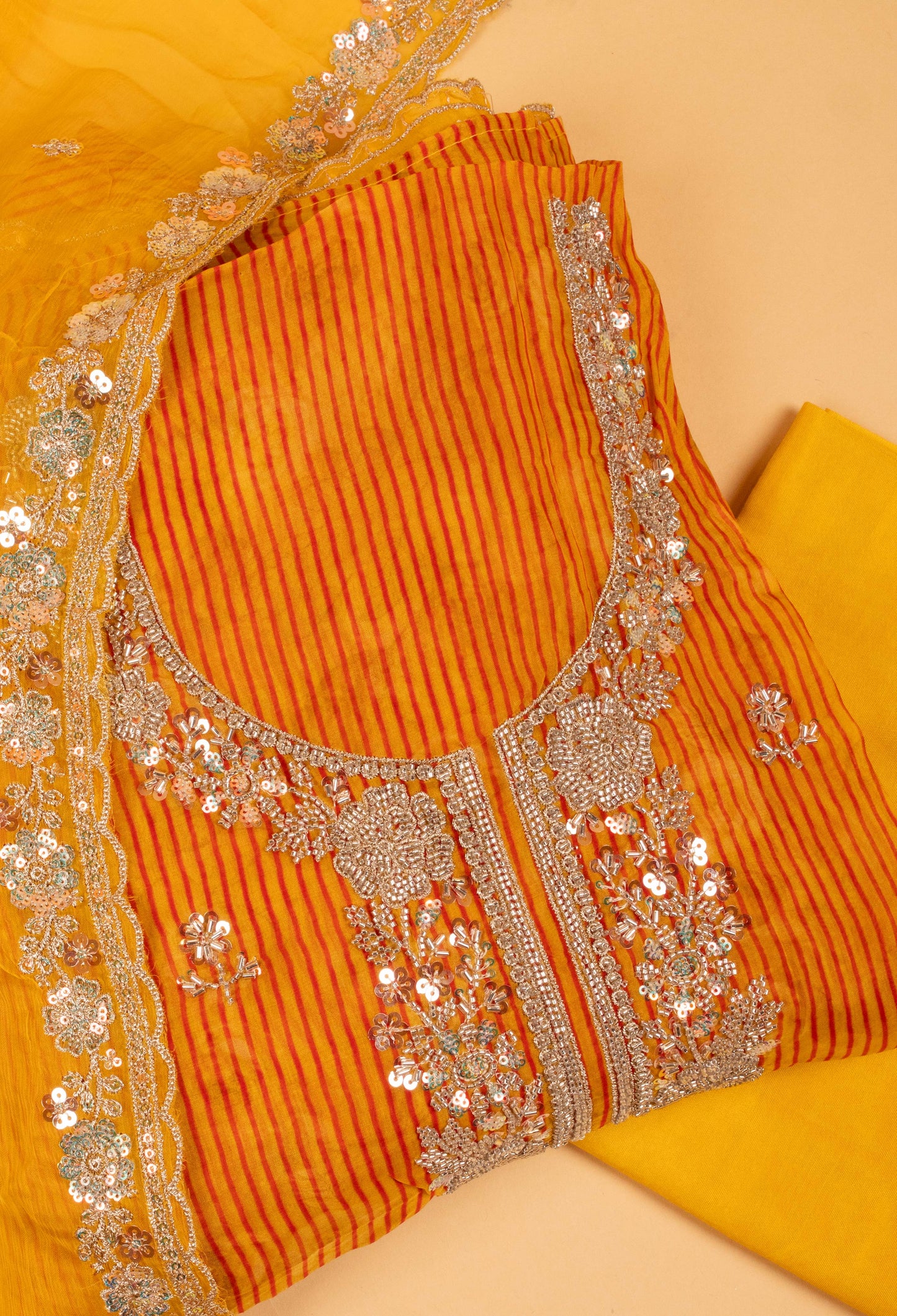 Yellow Striped Embroidered Unstitched Dress Material with Dupatta