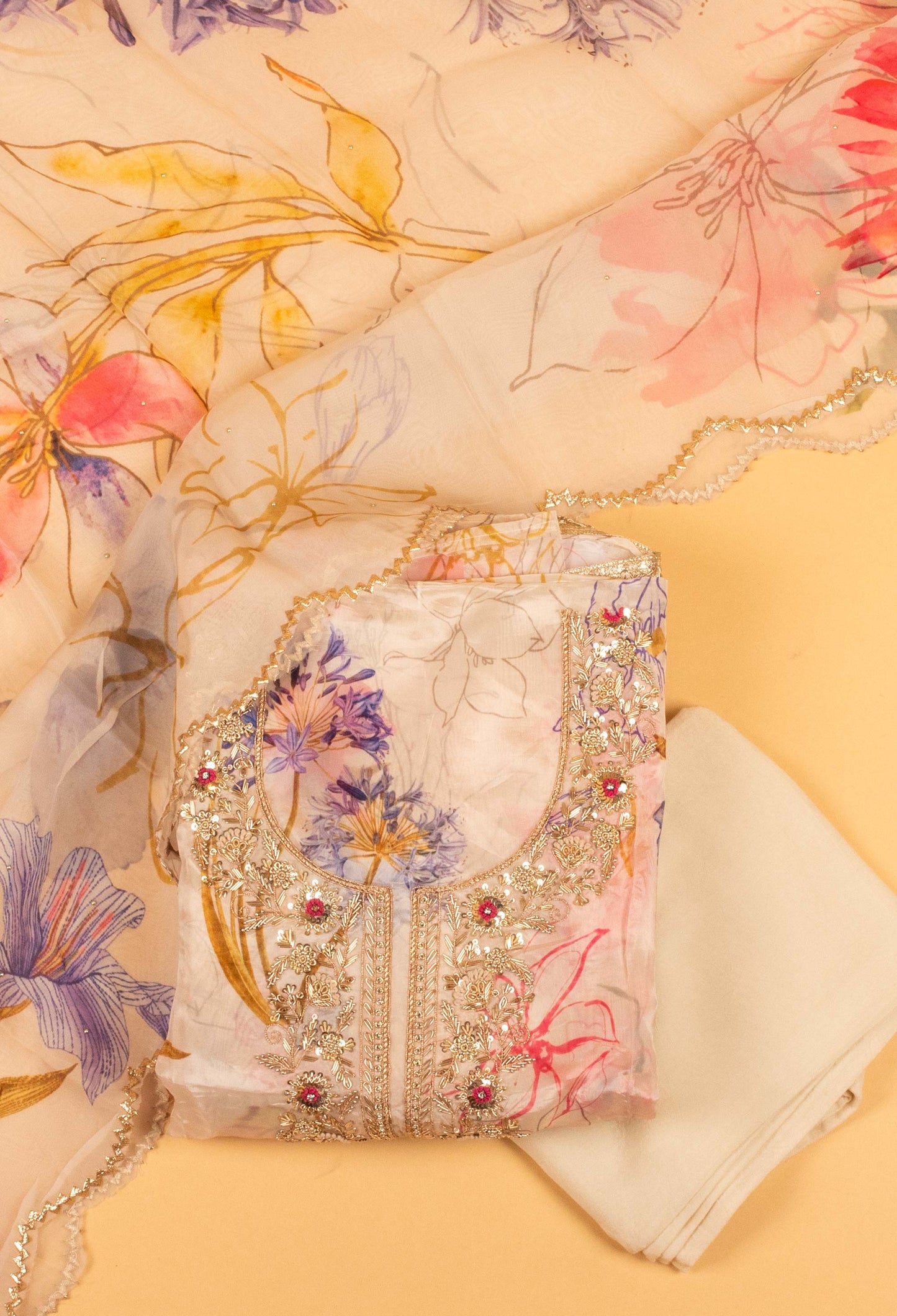 White Floral Embroidered Unstitched Dress Material with Dupatta