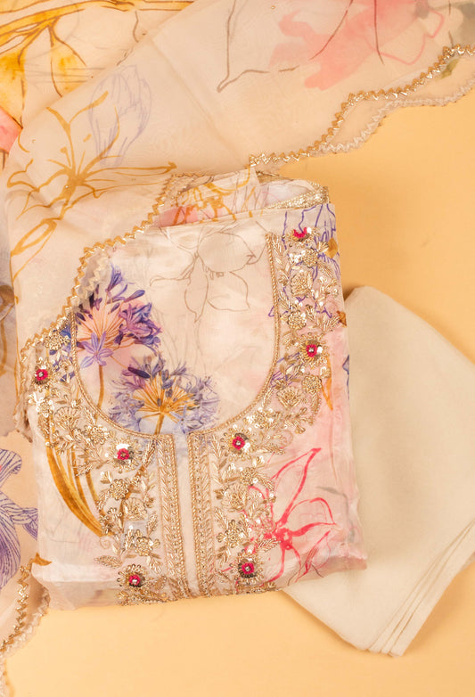 White floral embroidered unstitched dress material with dupatta – product image 2