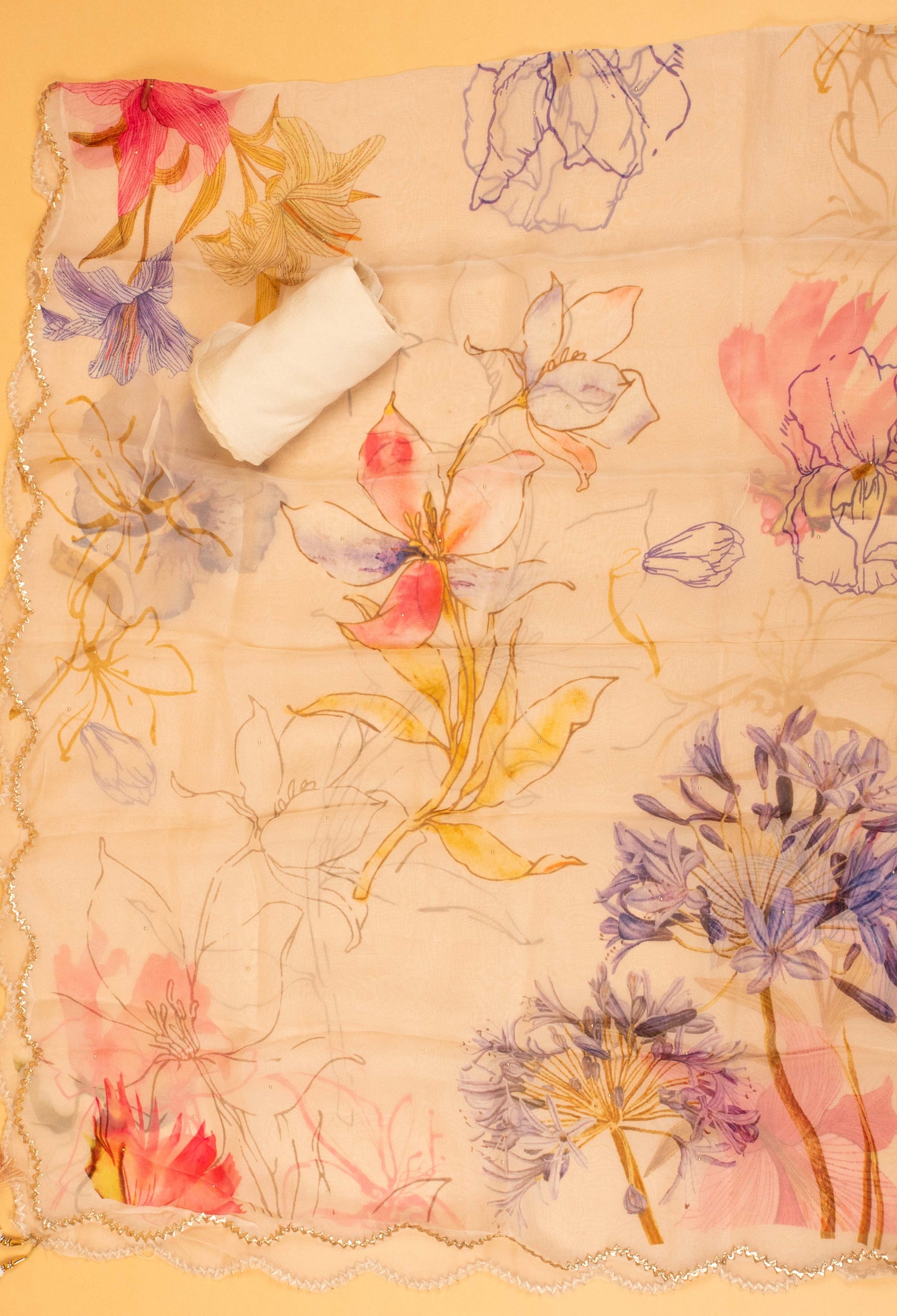 White Floral Embroidered Unstitched Dress Material with Dupatta