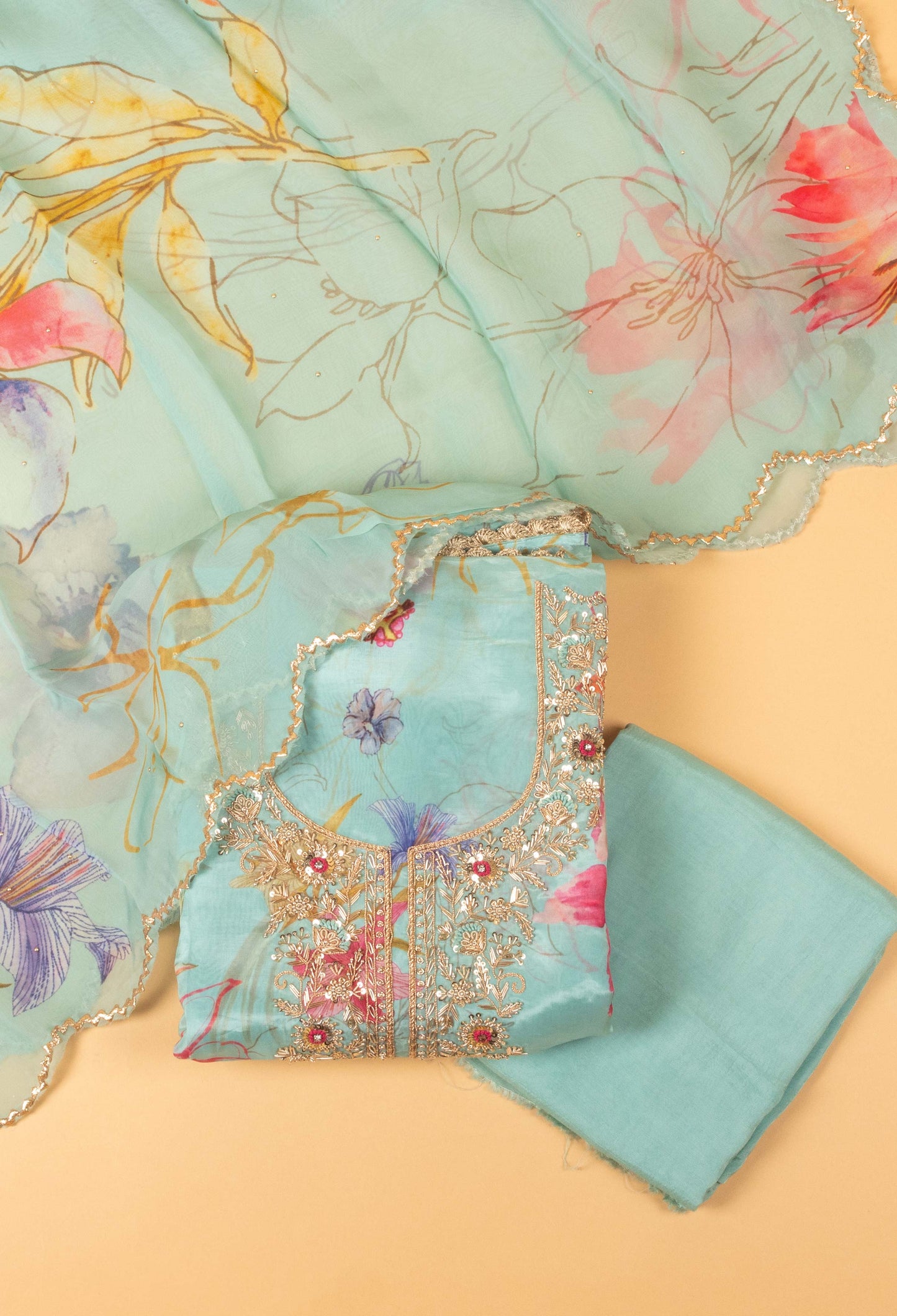 Aqua Blue Floral Embroidered Unstitched Dress Material with Dupatta