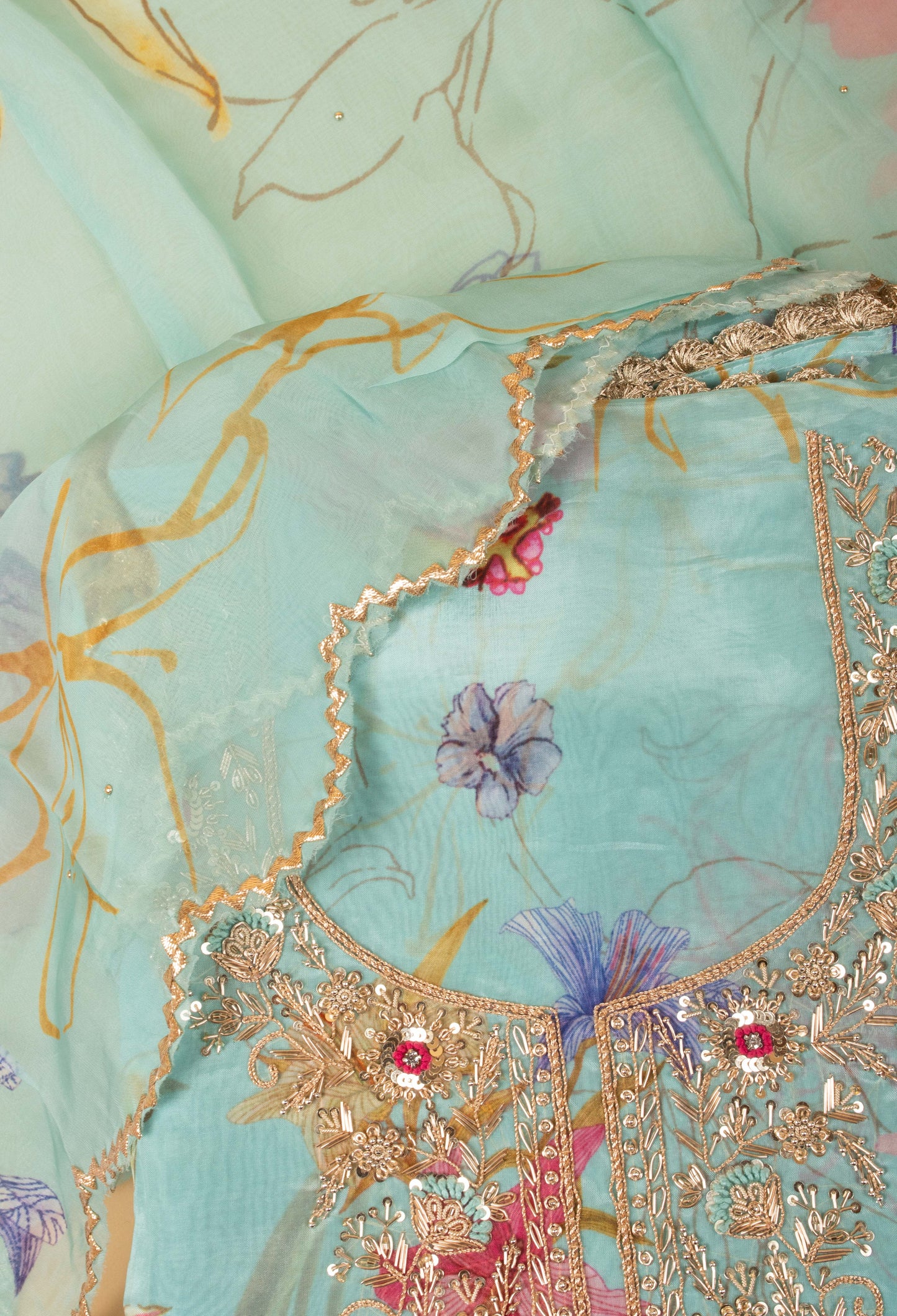 Aqua Blue Floral Embroidered Unstitched Dress Material with Dupatta