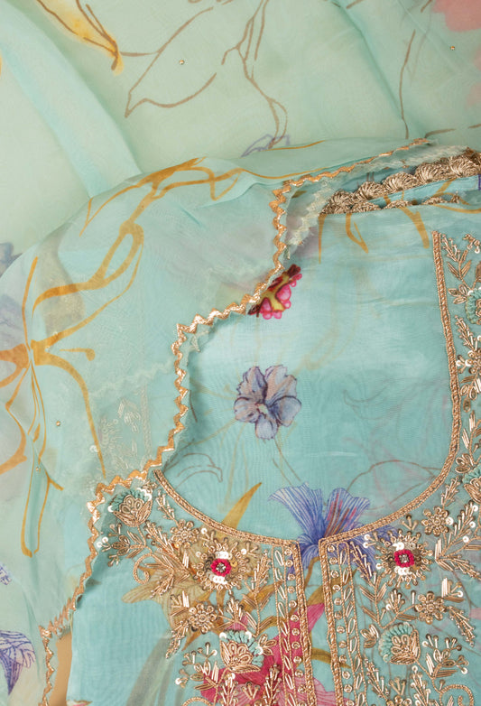 Aqua blue floral embroidered unstitched dress material with dupatta – product image 2