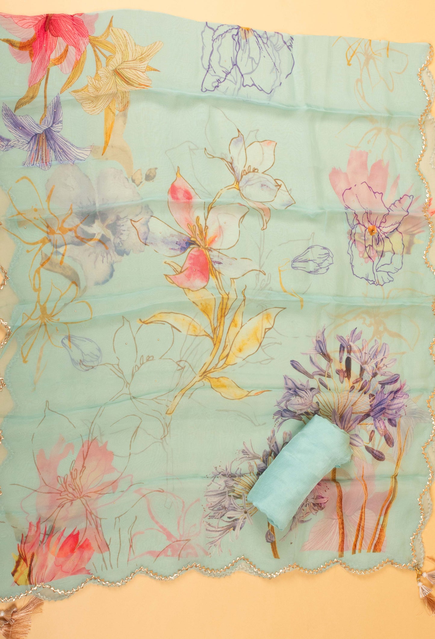 Aqua Blue Floral Embroidered Unstitched Dress Material with Dupatta