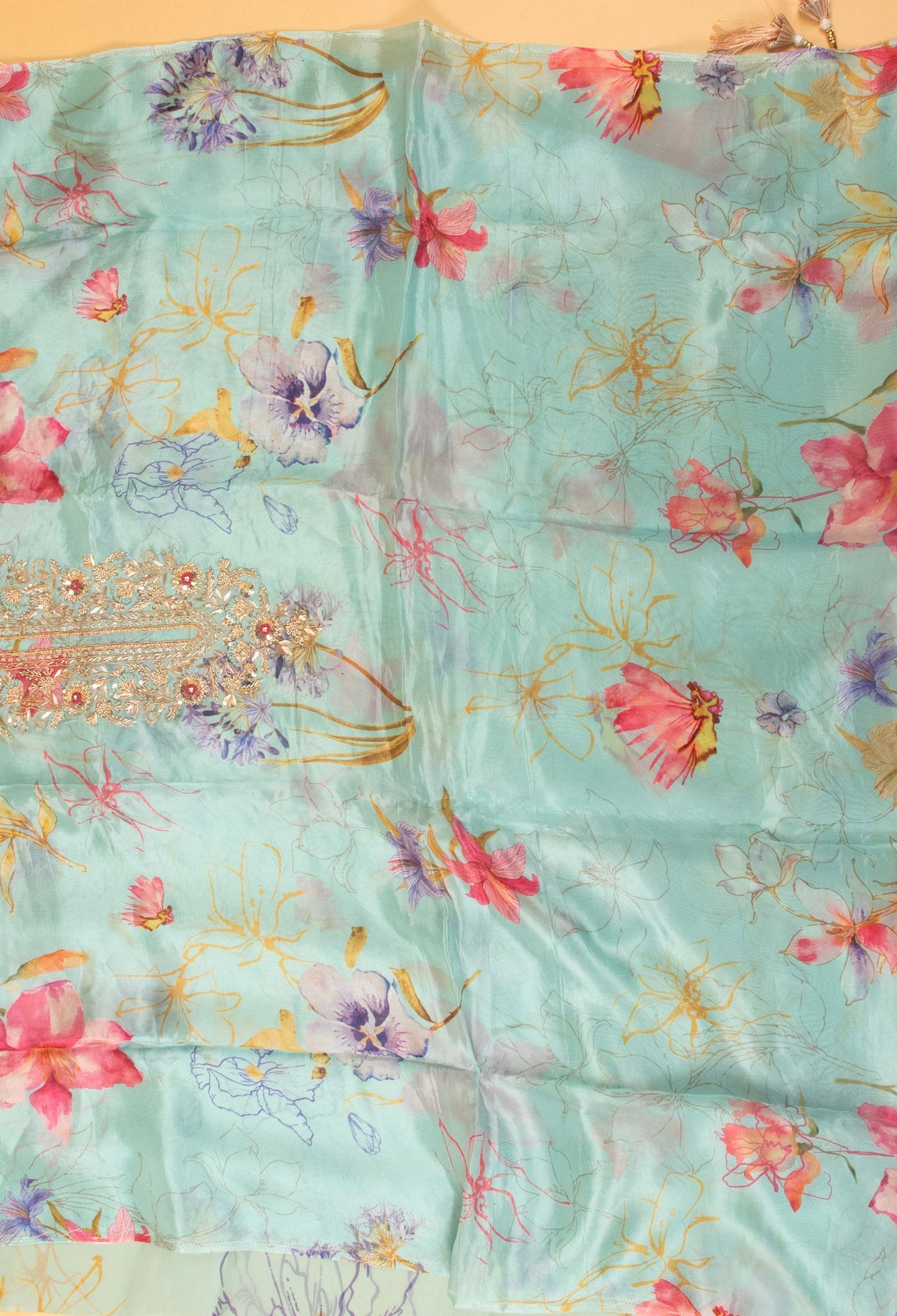 Aqua Blue Floral Embroidered Unstitched Dress Material with Dupatta