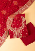Red Embroidered Unstitched Dress Material with Traditional Dupatta
