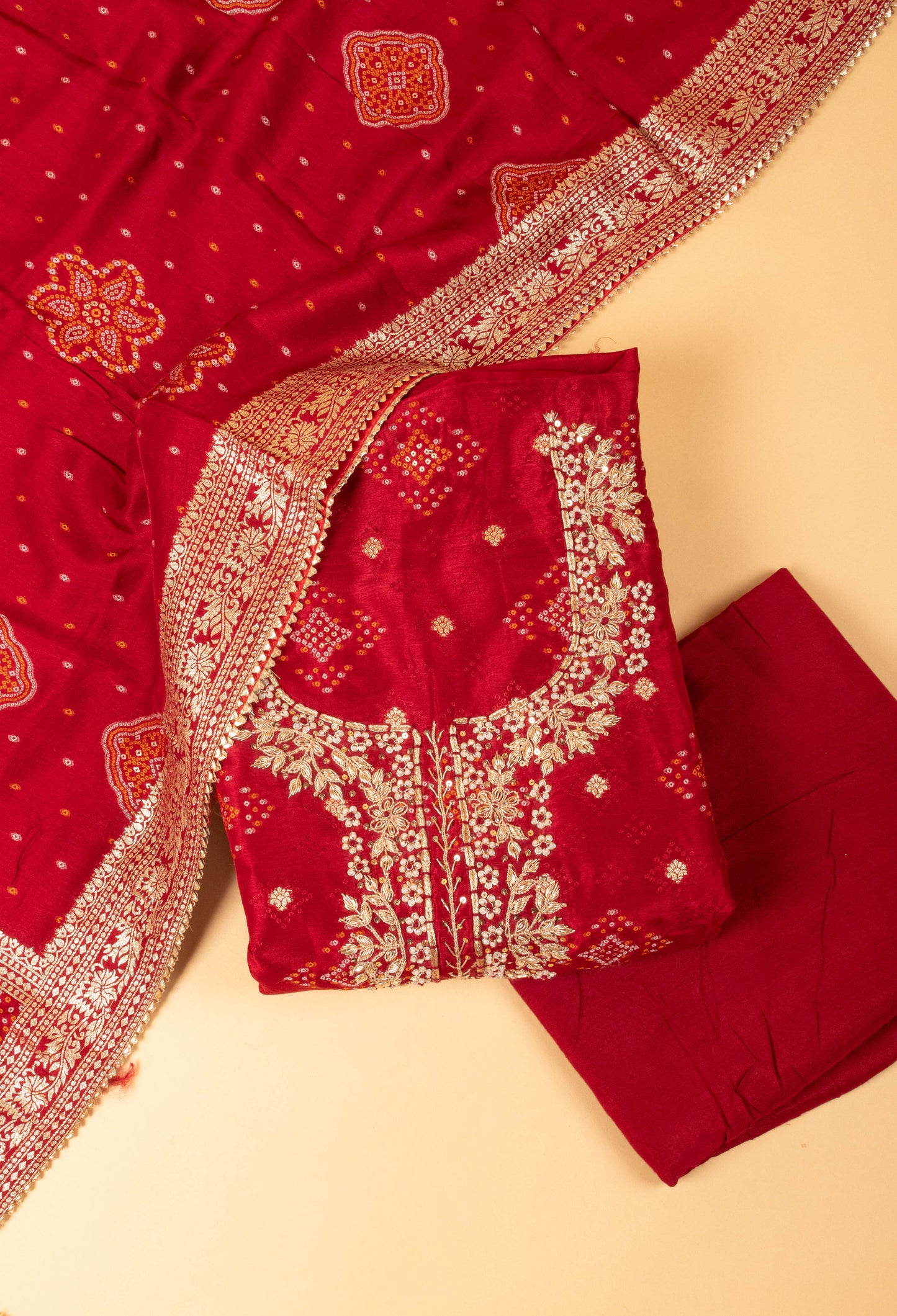 Red Embroidered Unstitched Dress Material with Traditional Dupatta