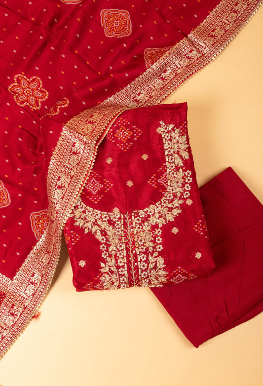 Red Embroidered Unstitched Dress Material with Traditional Dupatta