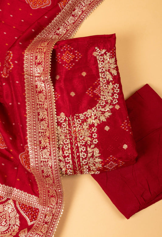 Red embroidered unstitched dress material with traditional dupatta – product image 2
