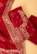 Red Embroidered Unstitched Dress Material with Traditional Dupatta