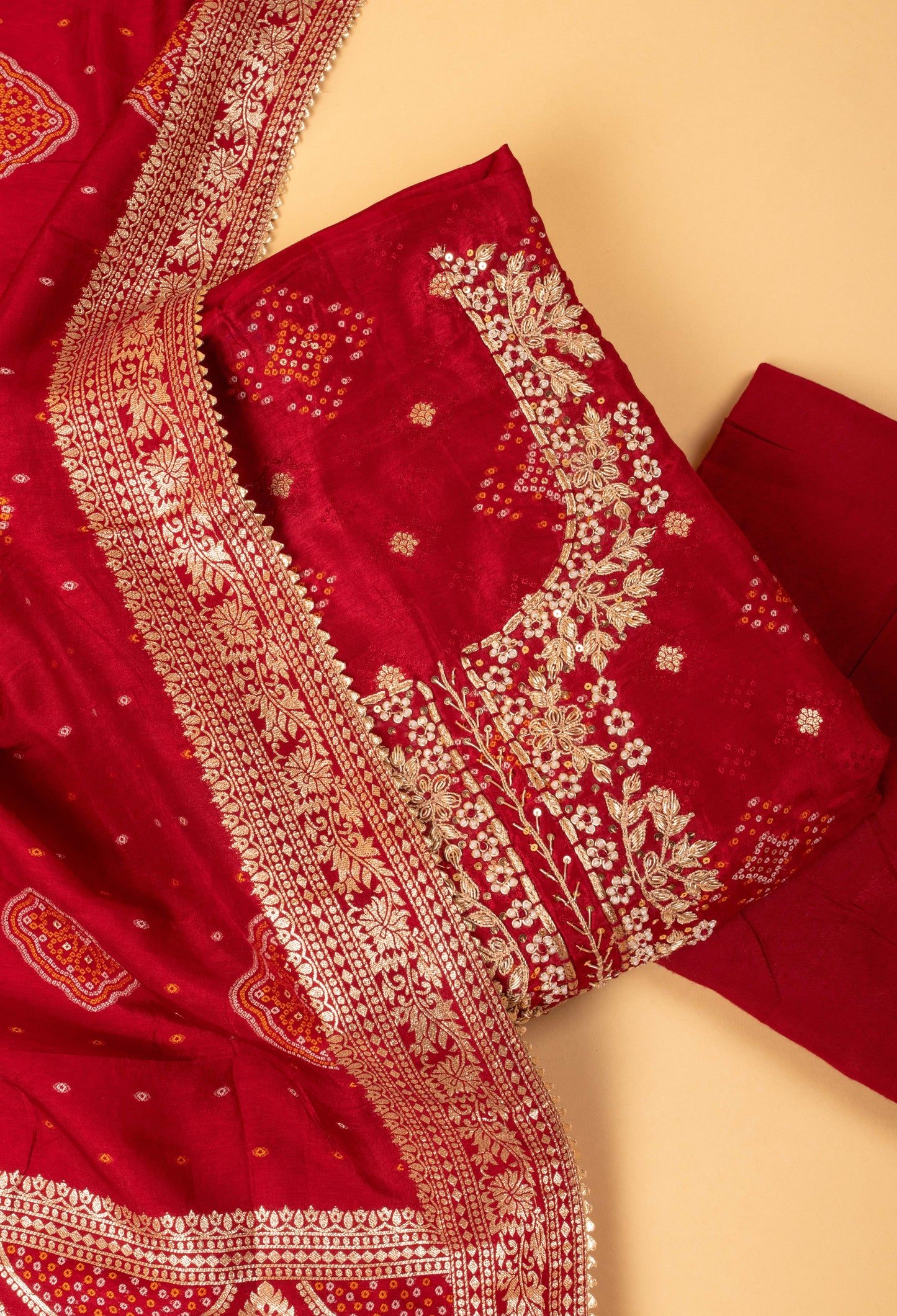 Red Embroidered Unstitched Dress Material with Traditional Dupatta